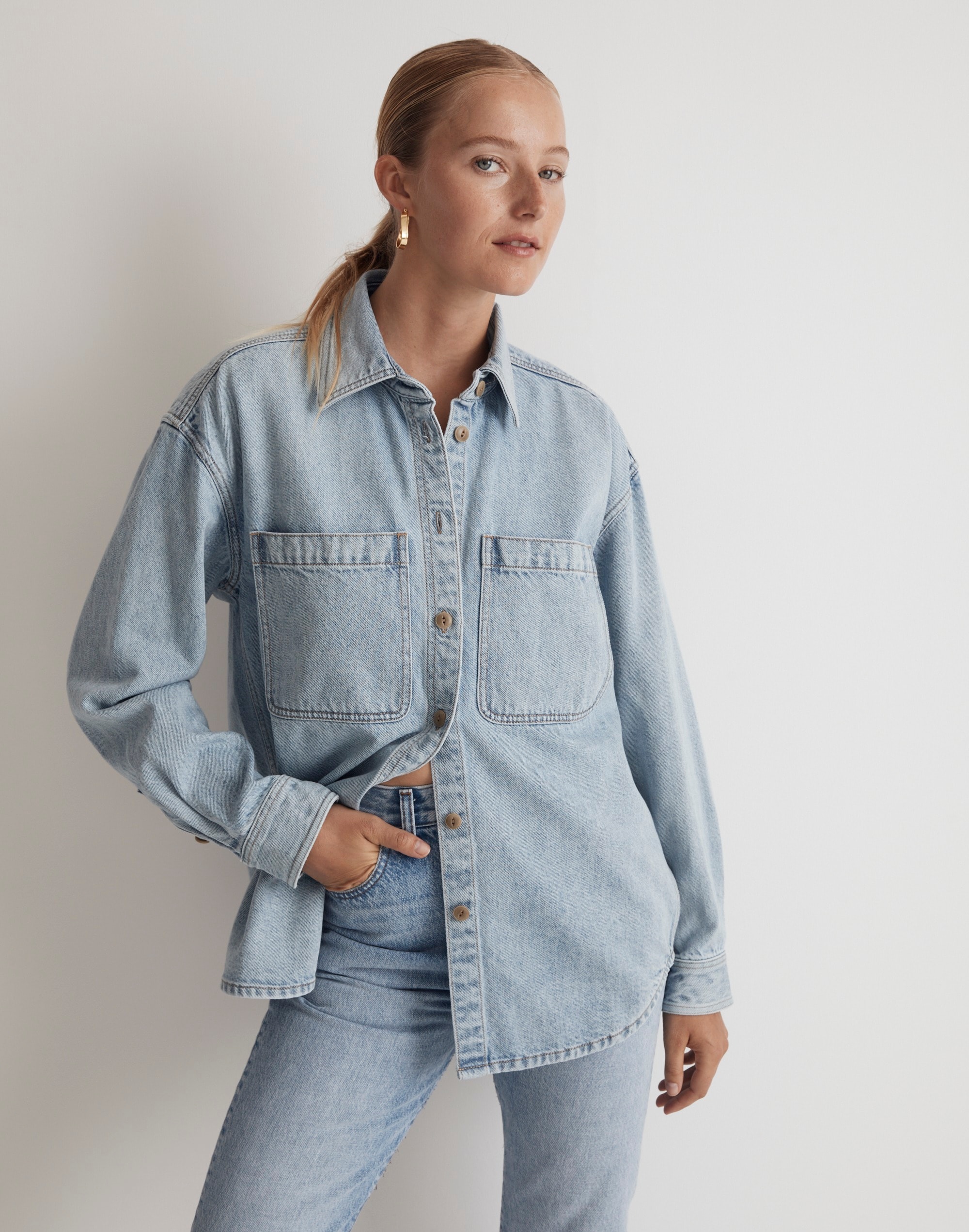 Denim Oversized Button-Up Shirt in Derussey Wash