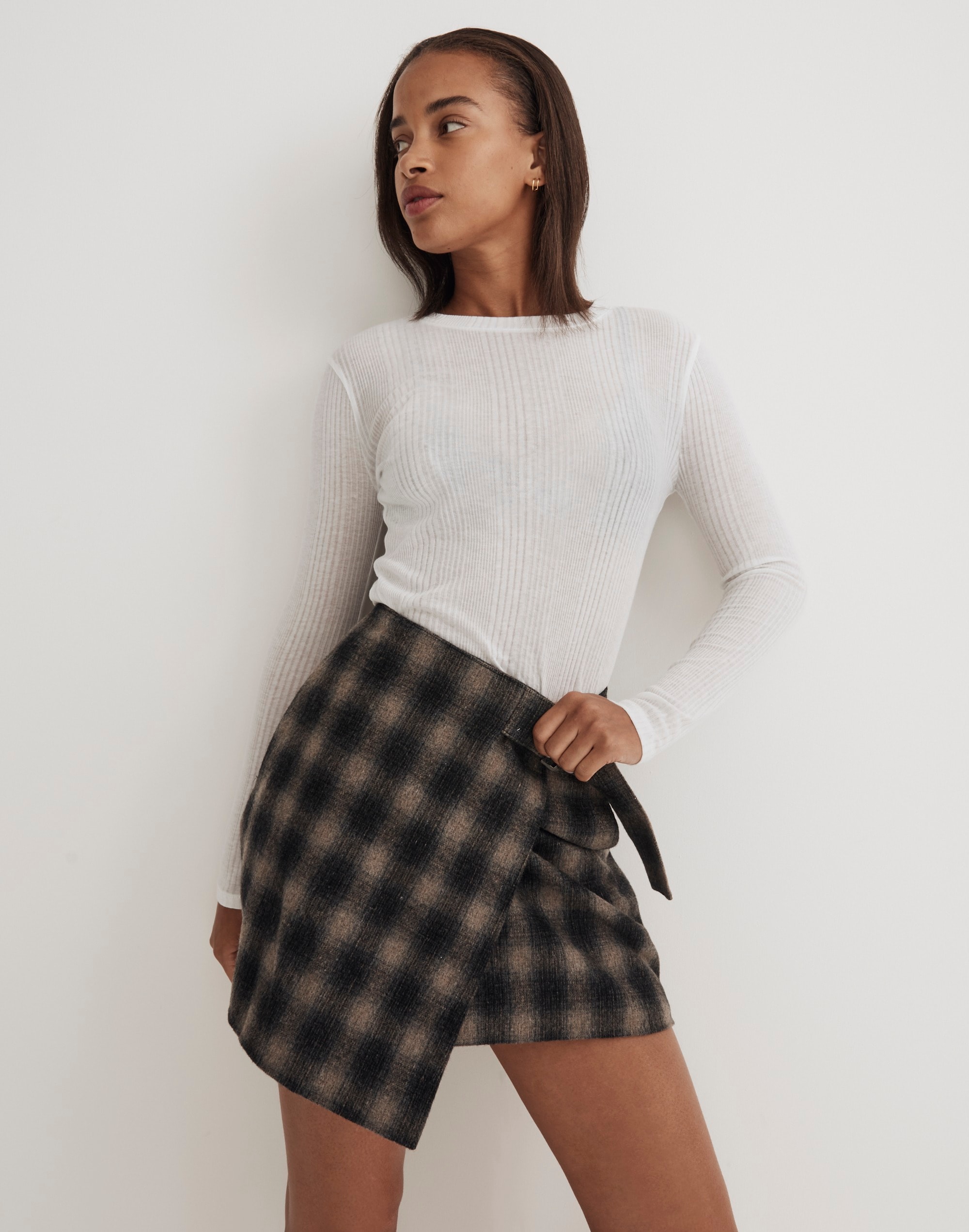 Buckle-Belt Wrap Mini Skirt Plaid