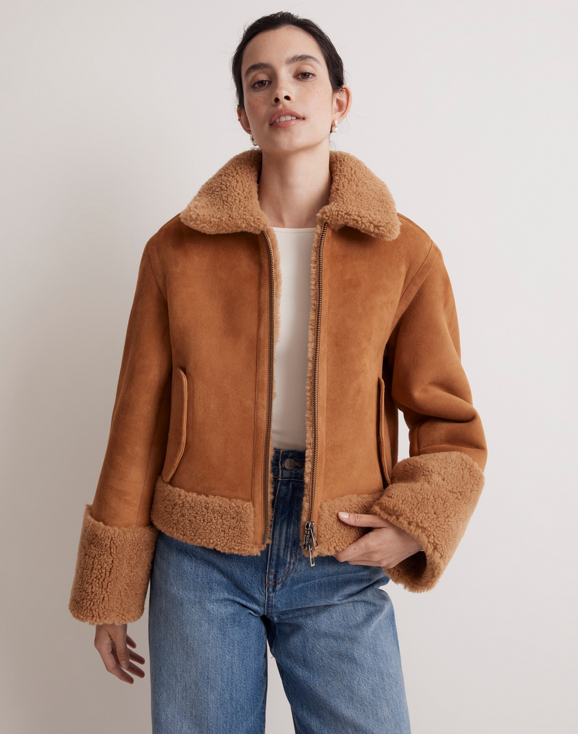 Shop Mw Shearling Zip-front Jacket In Toffee