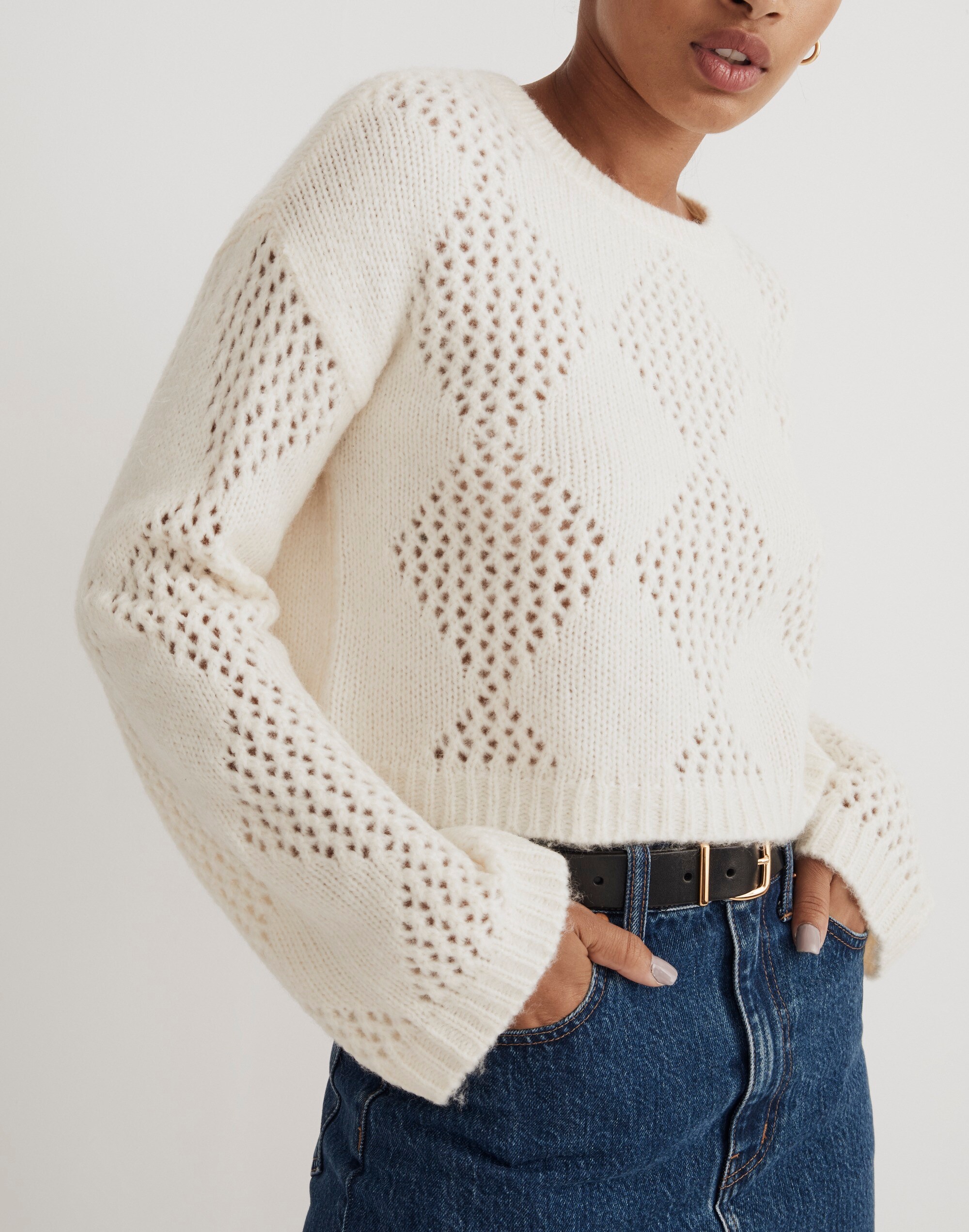 Diamond-Stitch Crewneck Crop Sweater