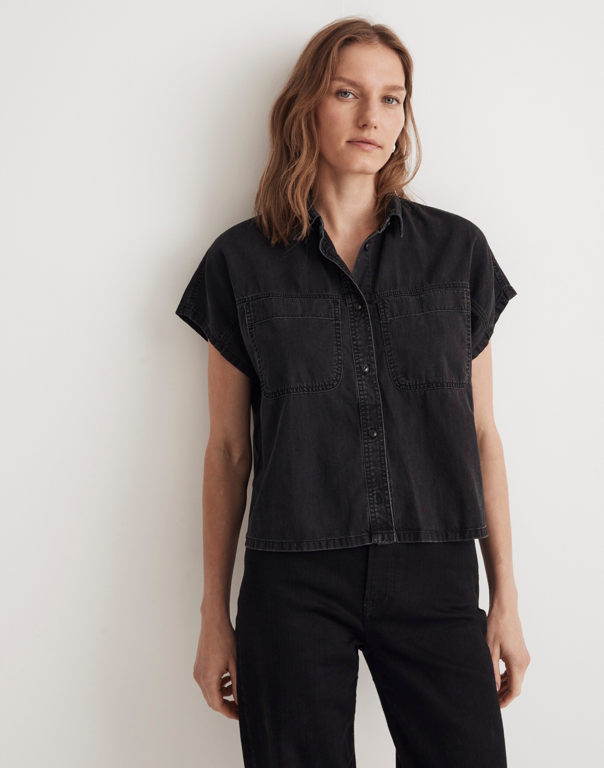 Denim Slanted-Yoke Crop Button-Up Shirt Lunar Wash | Madewell