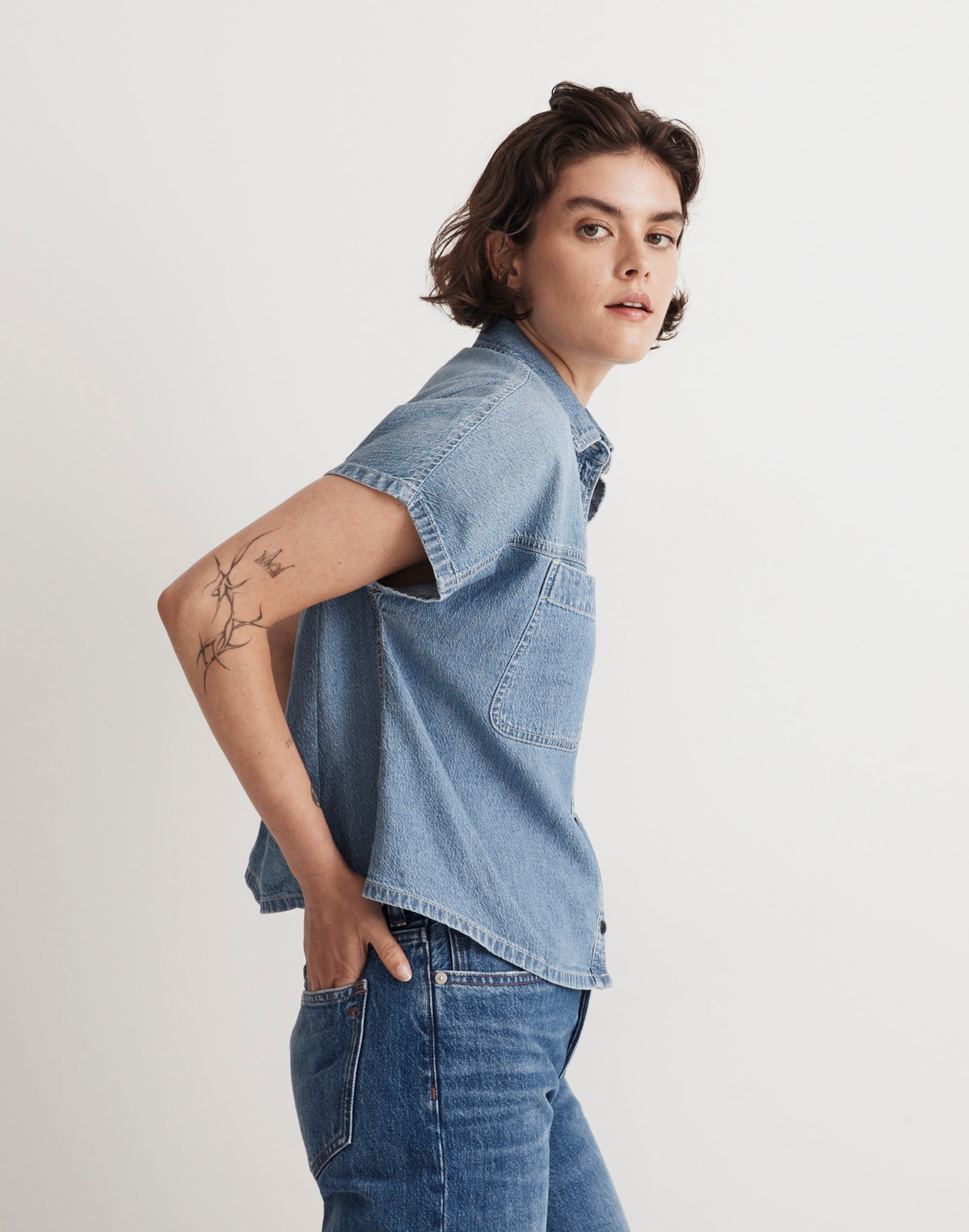 Denim Slanted-Yoke Crop Button-Up Shirt in Mardell Wash