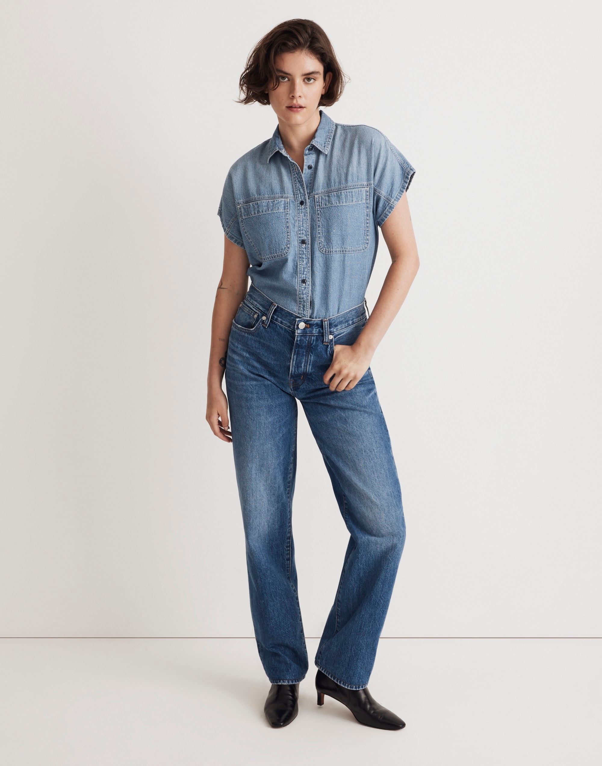 Denim Slanted-Yoke Crop Button-Up Shirt in Mardell Wash