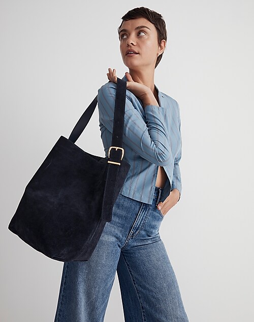 Navy Blue Suede Leather Tote Bag for Women Slouchy Tote 