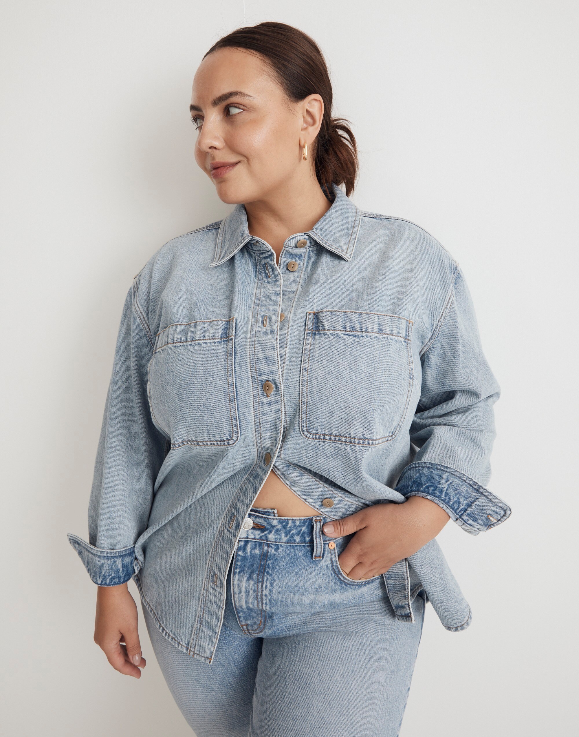 Plus Heavyweight Denim Oversized Button-Up Shirt in Derussey Wash