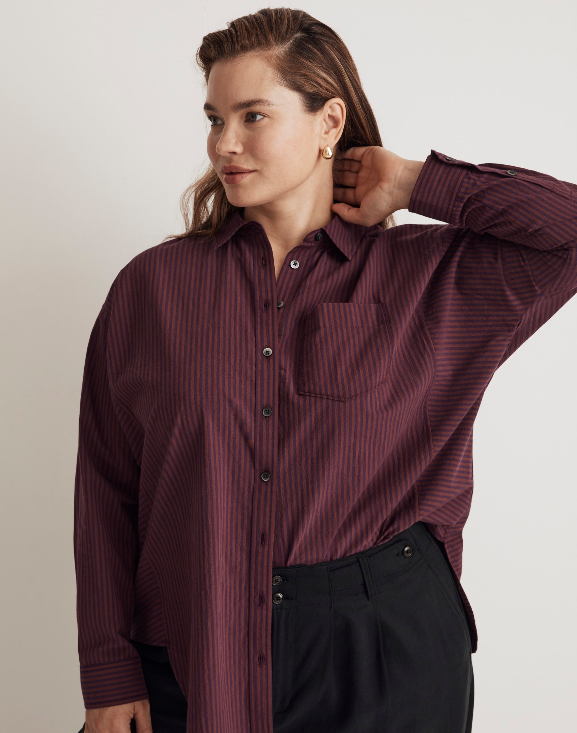 Plus Poplin Side-Panel Dolman Button-Up Shirt in Stripe