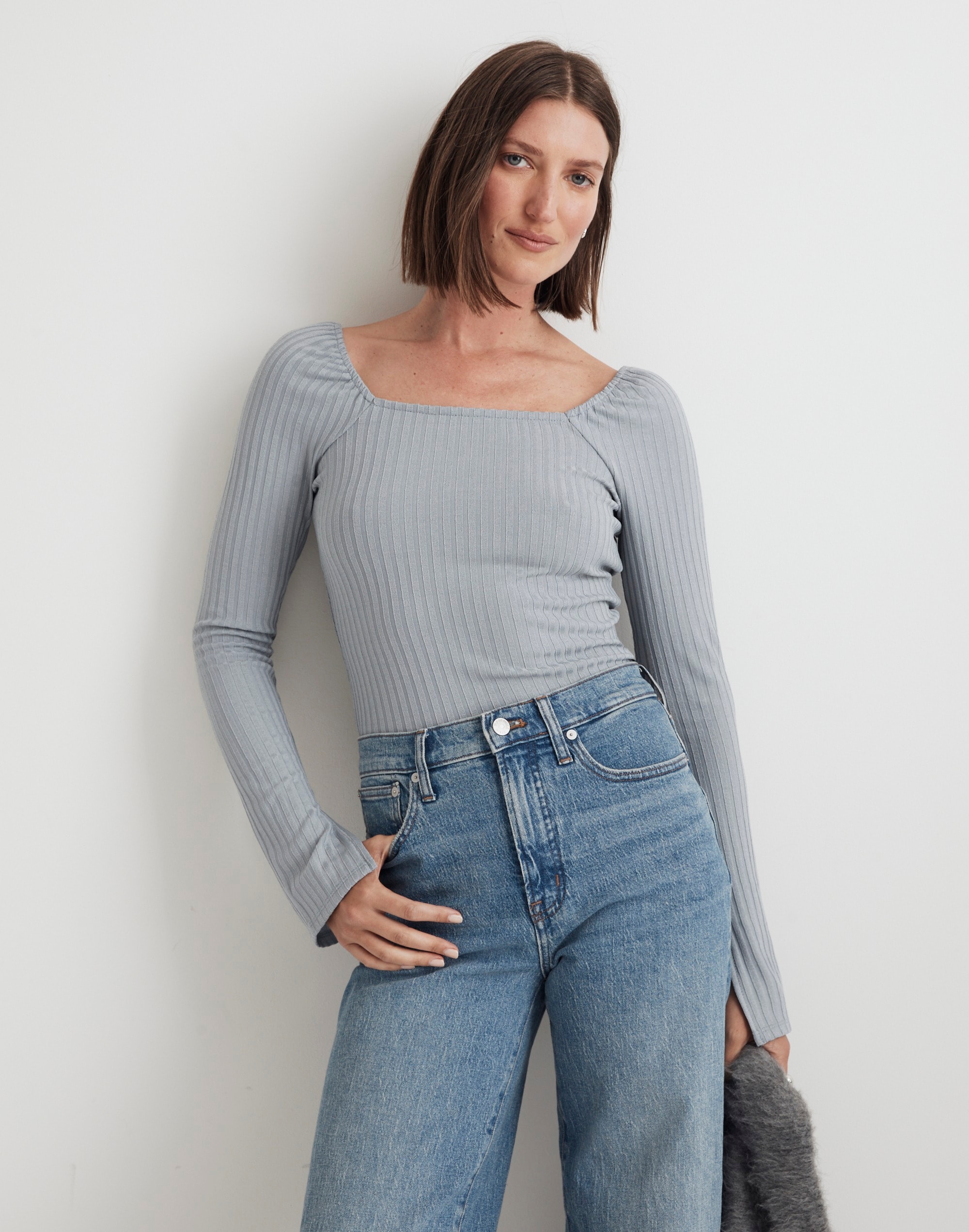 Ribbed Square-Neck Long-Sleeve Tee