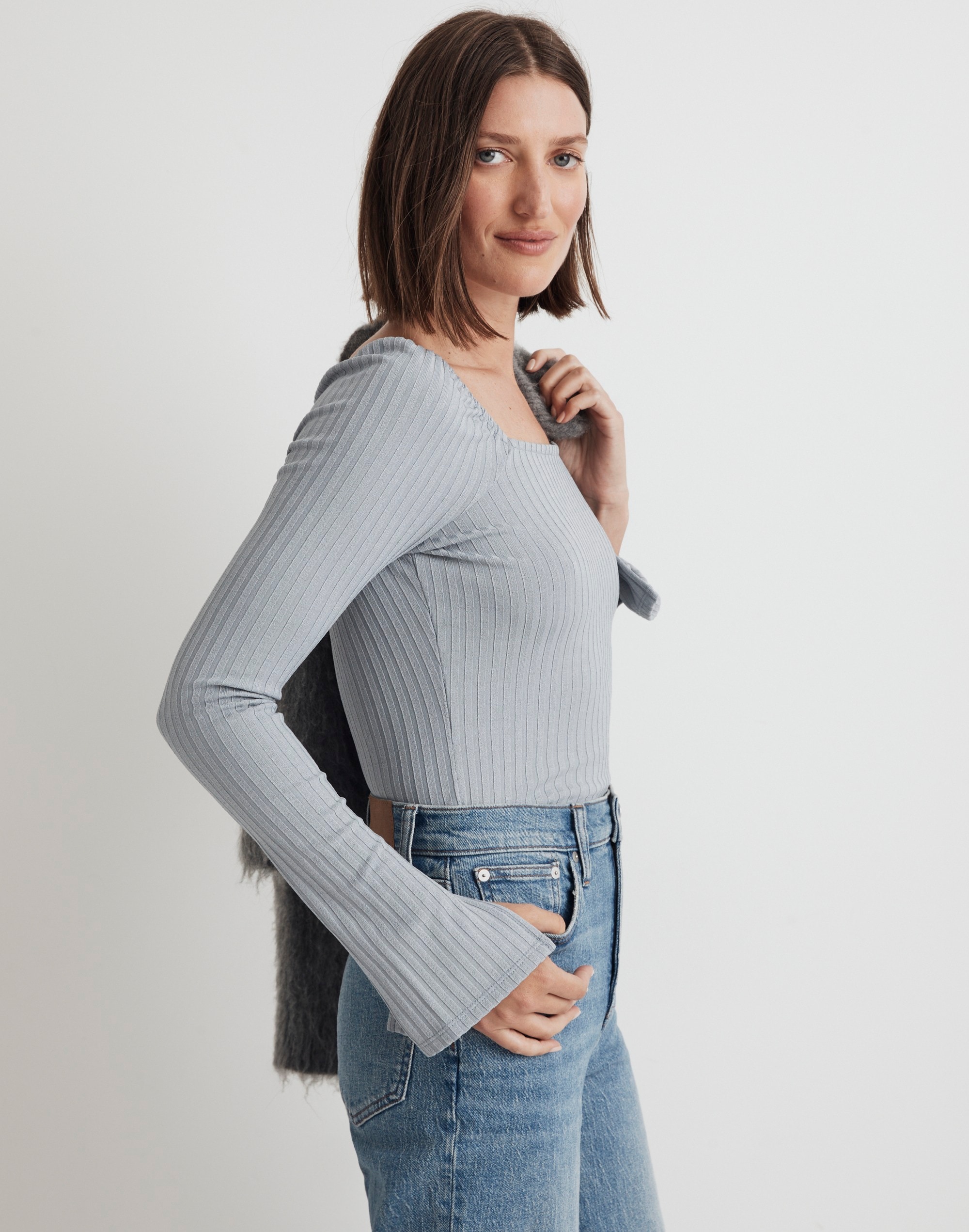 Ribbed Square-Neck Long-Sleeve Tee