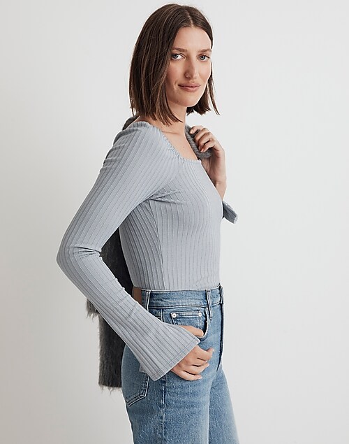 Ribbed Square-Neck Long-Sleeve Tee