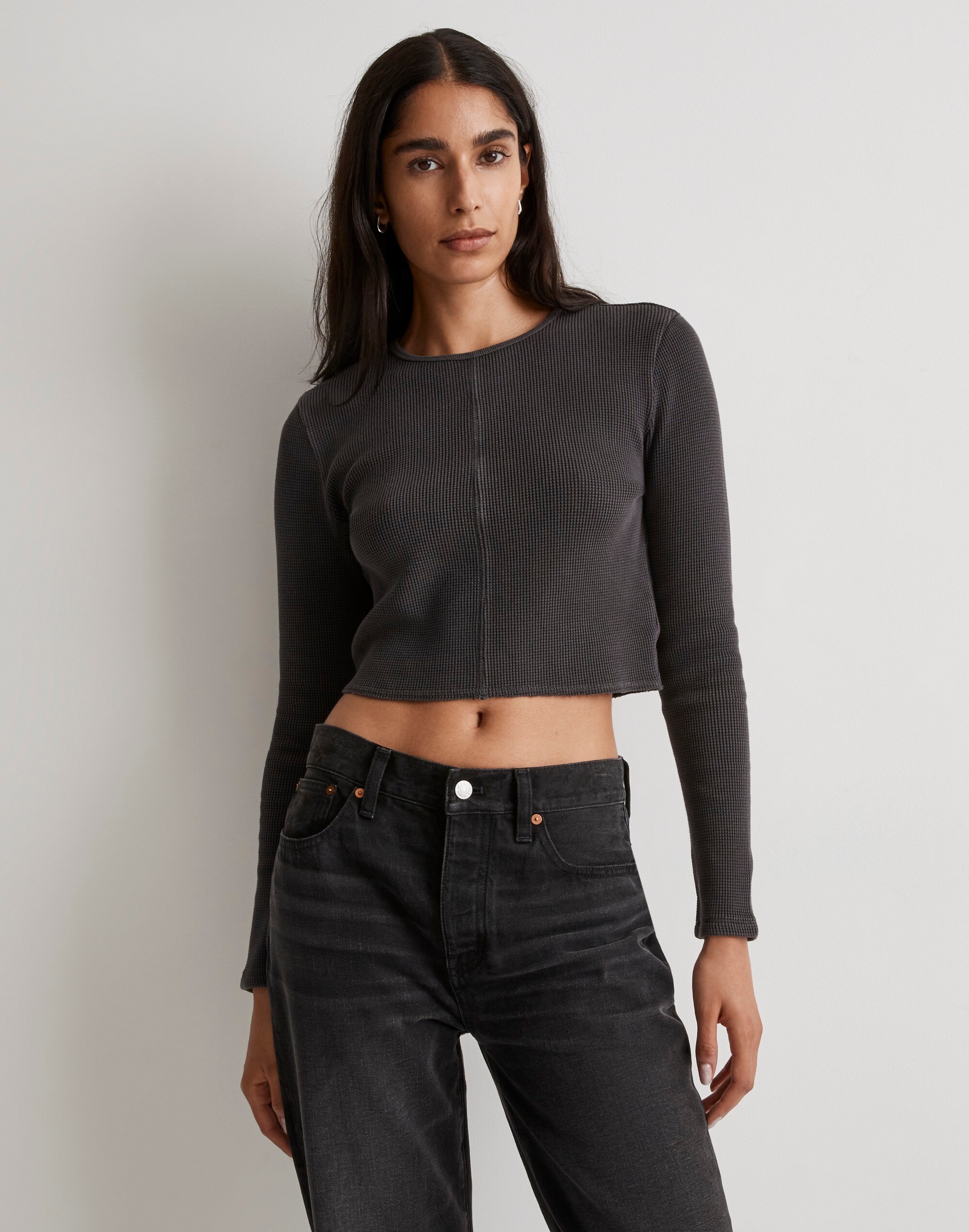 Waffle Knit Crewneck Crop Tee