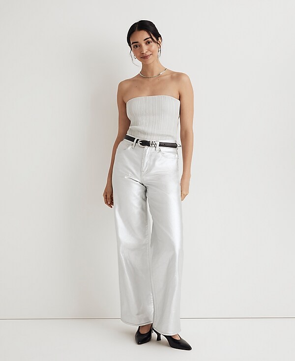 Madewell x Aimee Song Superwide-Leg Jeans in Silver Foil