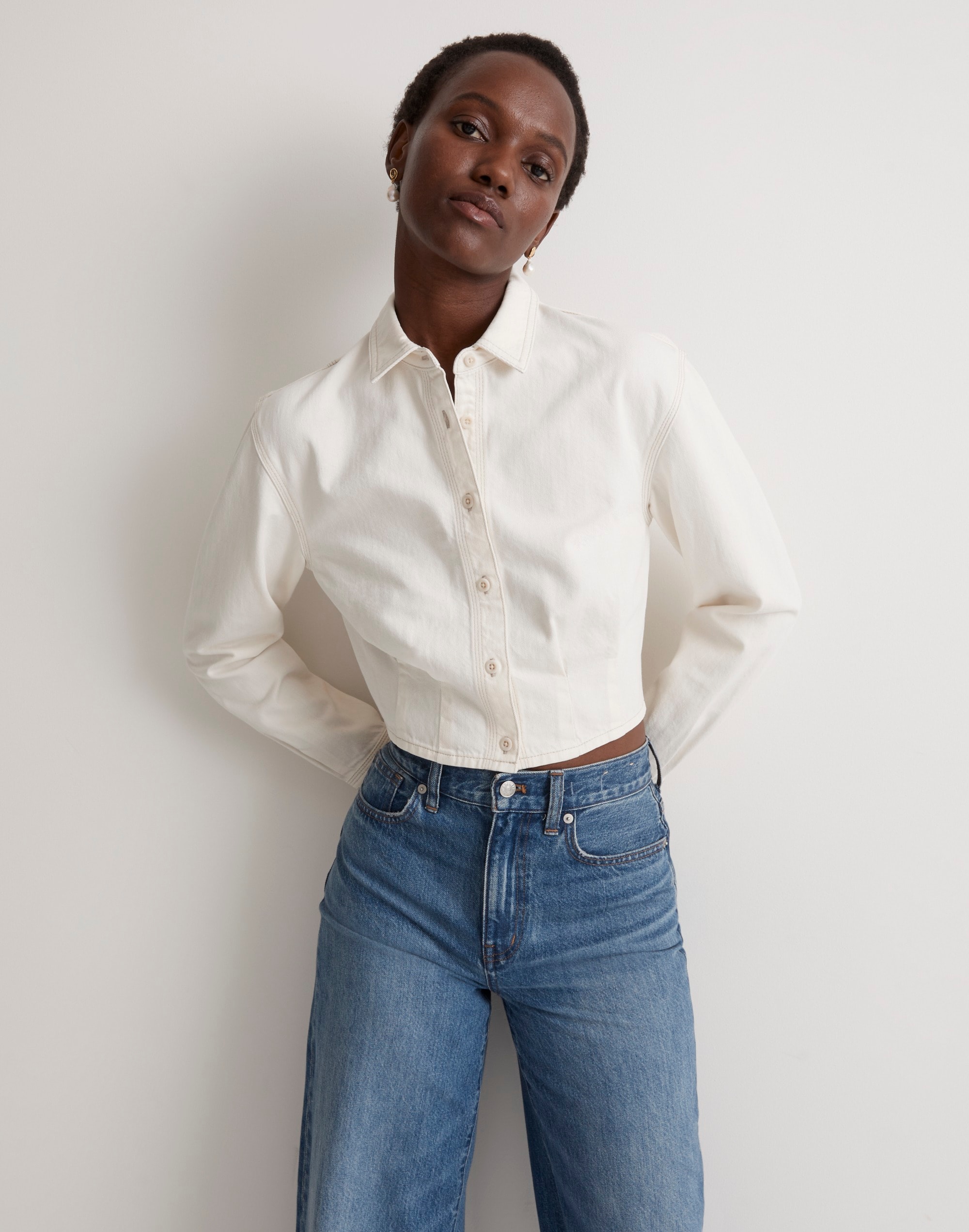 Denim Pleated Cropped Button-Up Shirt | Madewell