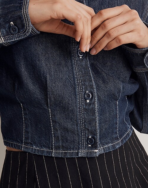Denim Pleated Cropped Button-Up Shirt in Darwell Wash