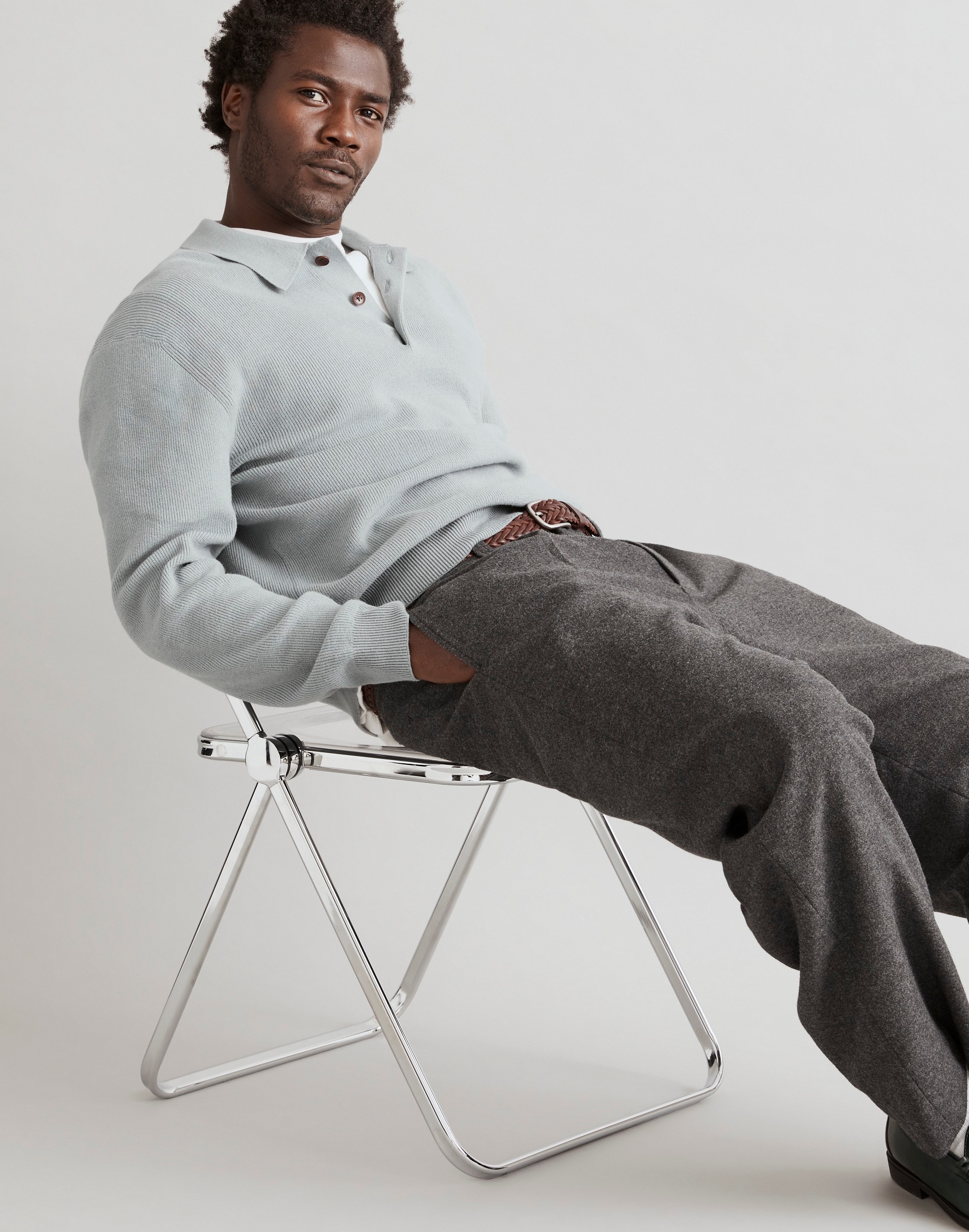 Mw Ribbed Long-sleeve Sweater Polo In Overcast