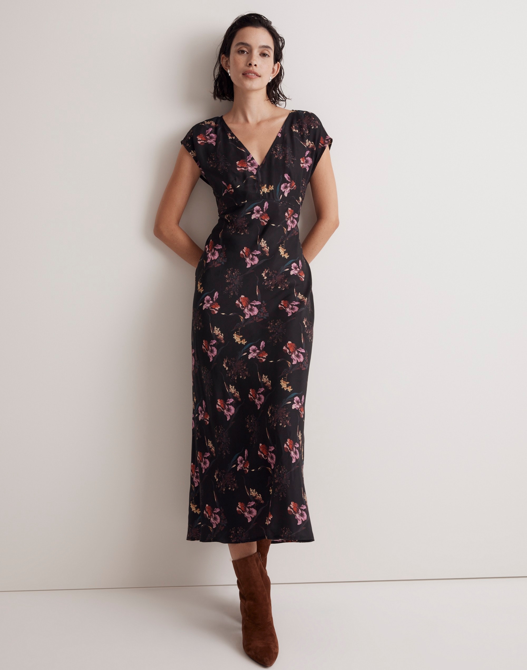 Wide V-Neck Midi Dress in Floral Cupro-Blend