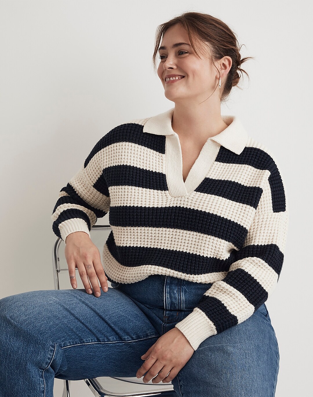Plus Waffle-Knit Henley Sweater in Stripe