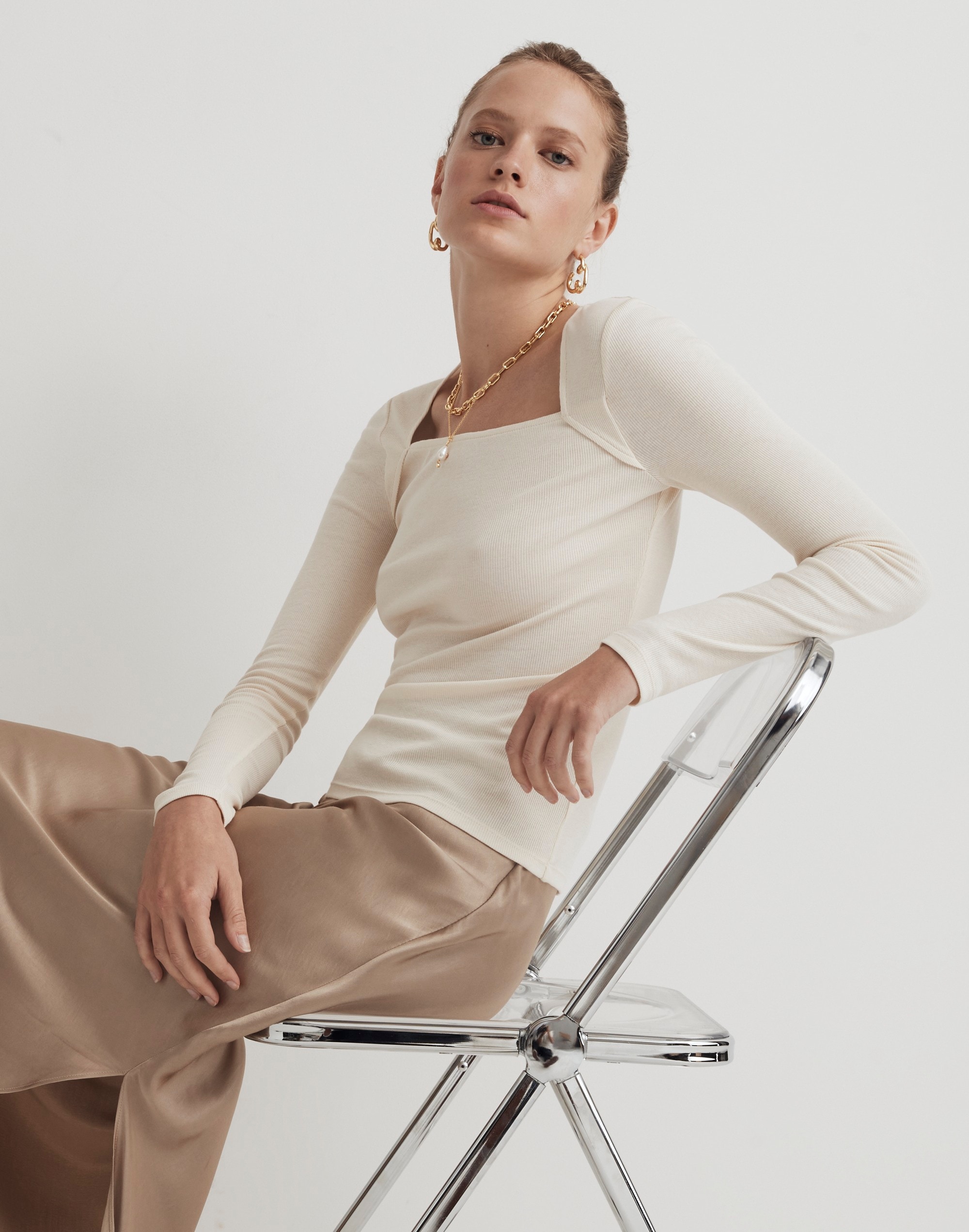 Angled-Neck Long-Sleeve Top