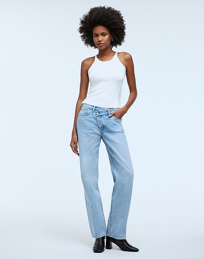 Blue High Waist Cropped Denim Jeans, Loose Fit Straight Legs Washed Baggy  Jeans, Women's Denim Jeans & Clothing