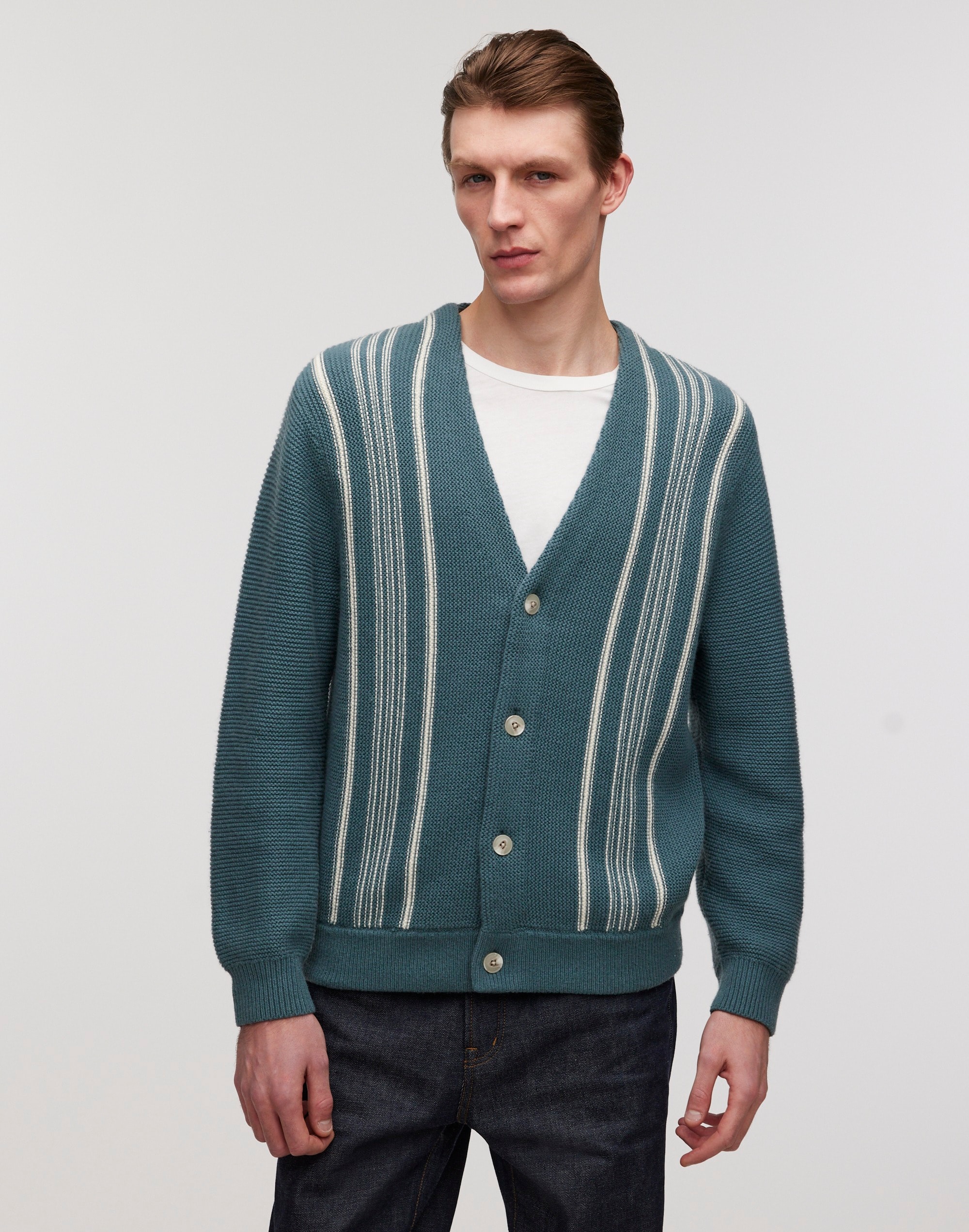 Cotton-Merino Wool Blend Cardigan Stripe