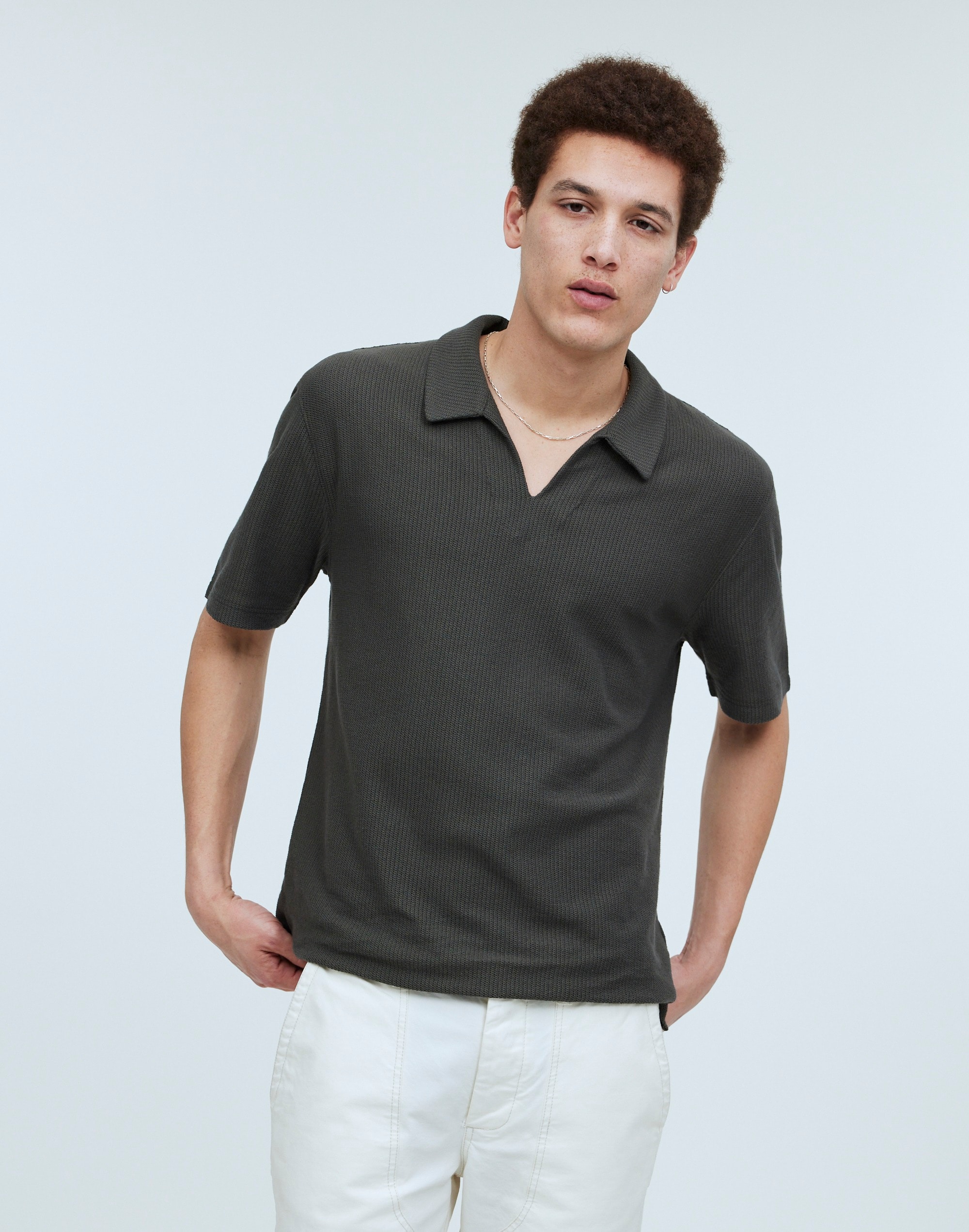 Johnny-Collar Knit Polo Shirt