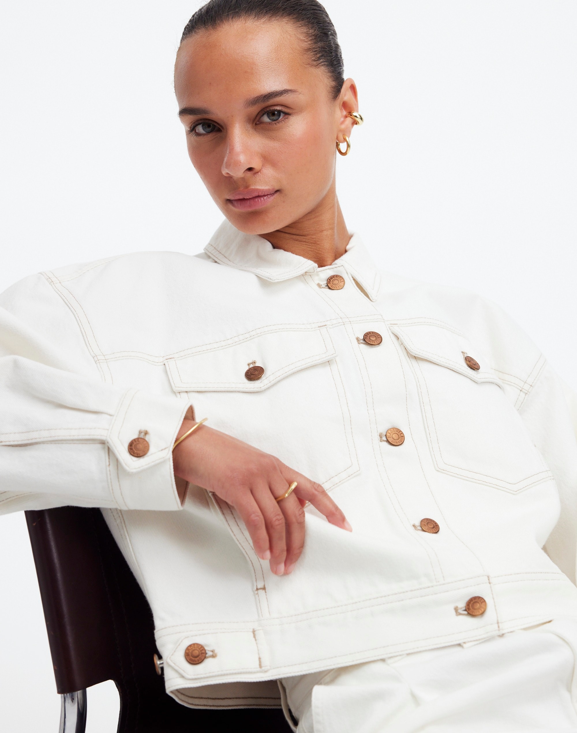 Button-Front Denim Jacket Tile White