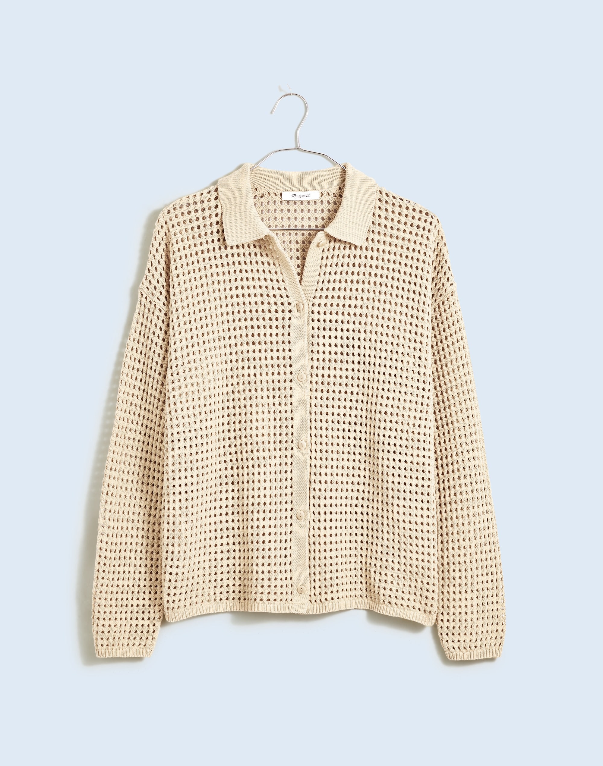 Open-Stitch Polo Cardigan Sweater