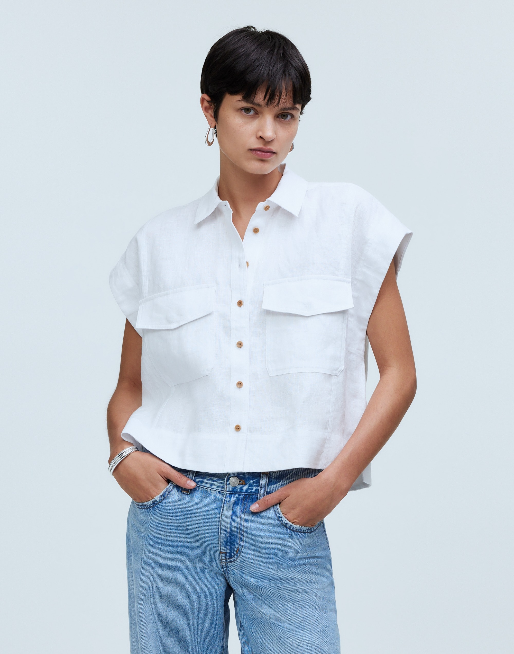 Flap-Pocket Button-Up Shirt 100% Linen
