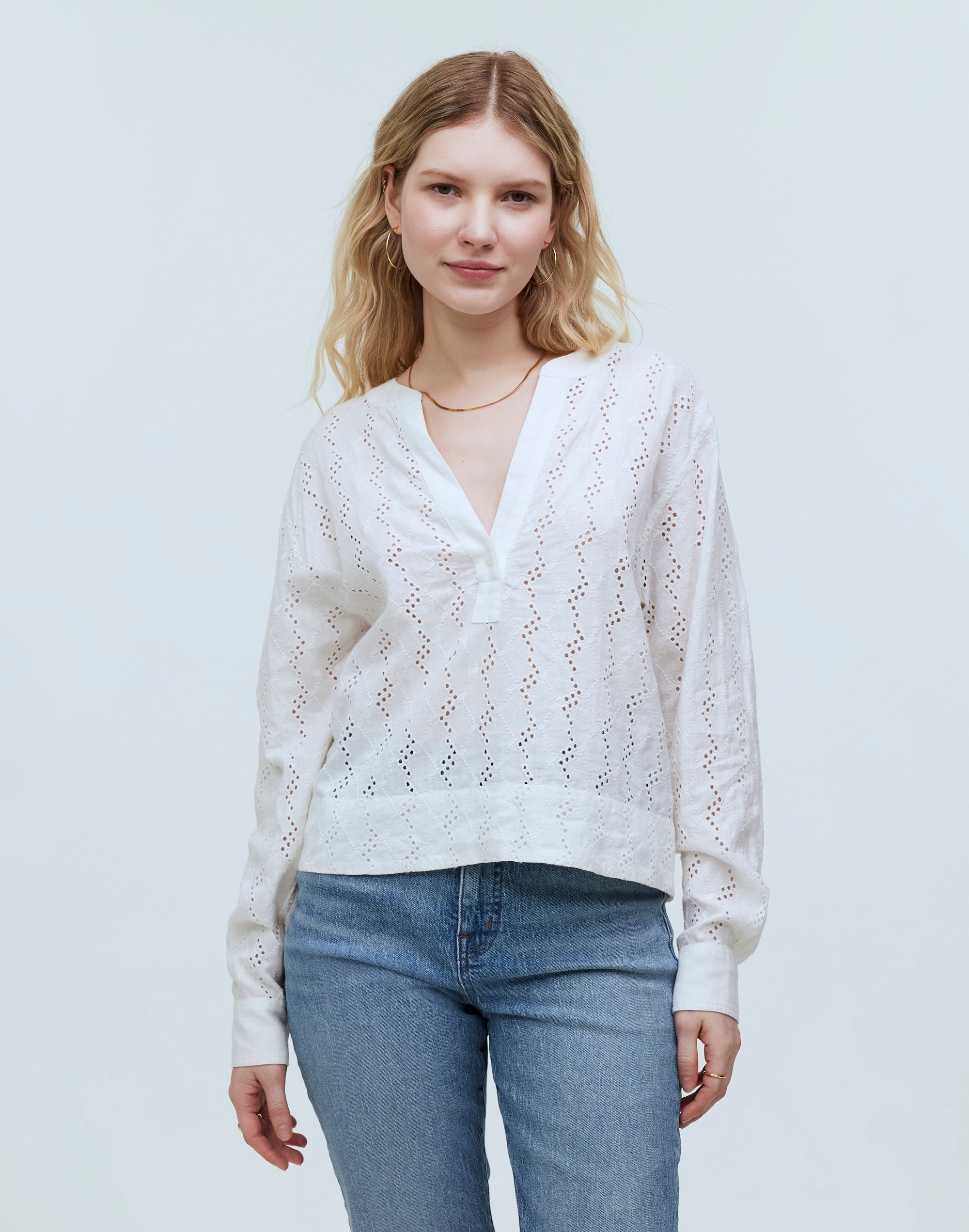 Long-Sleeve Popover Top Eyelet