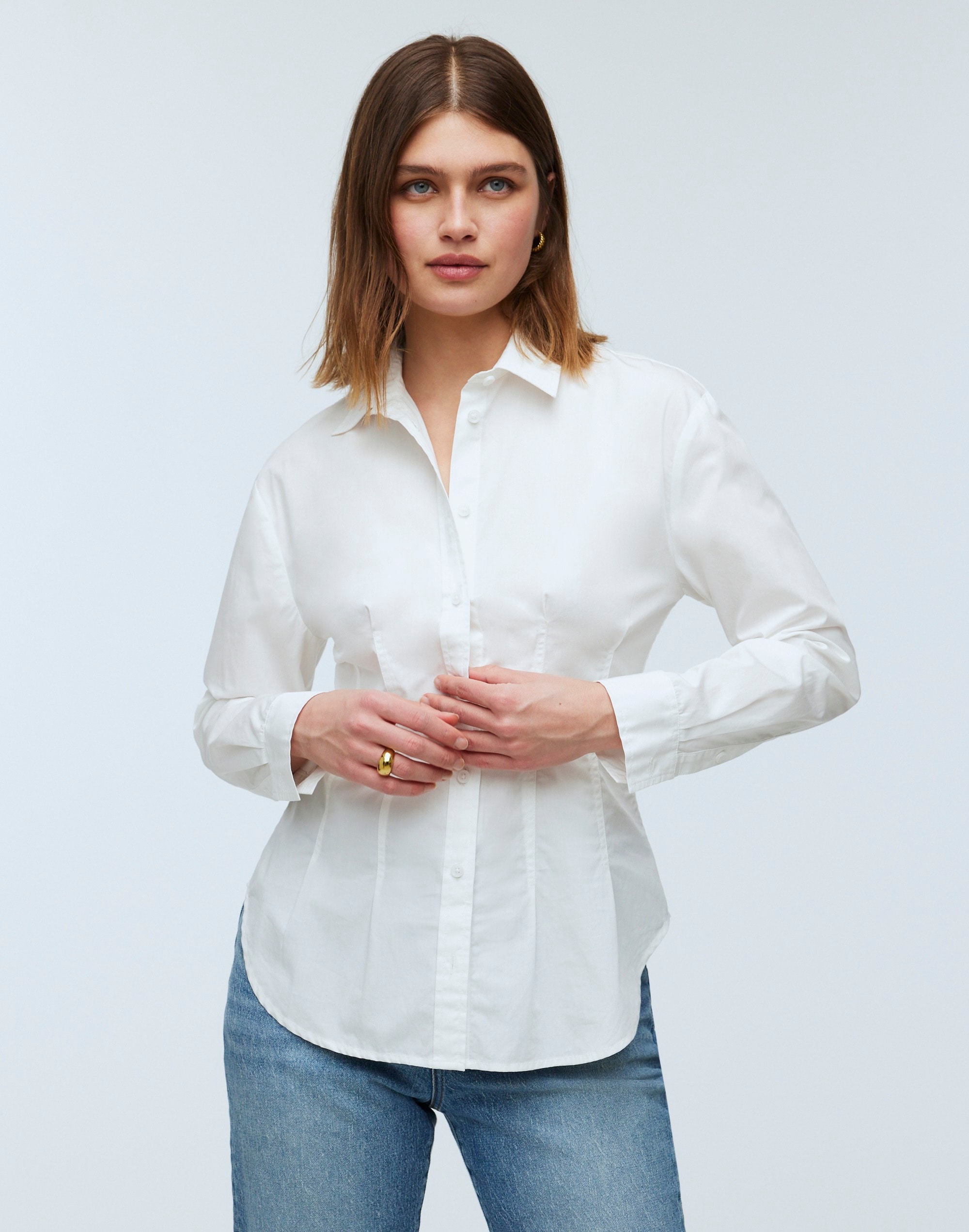 Darted Long-Sleeve Button-Up Shirt