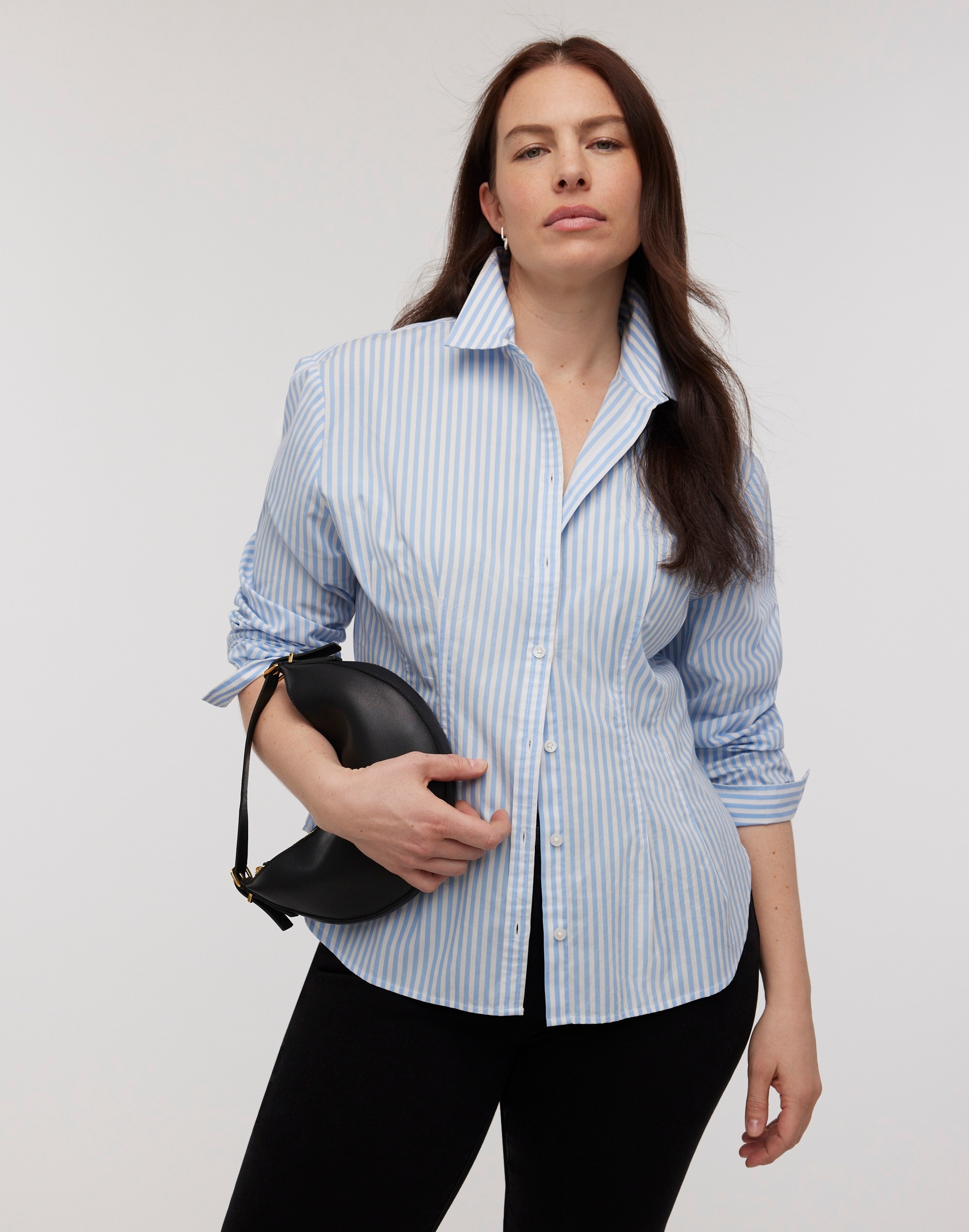 Darted Long-Sleeve Button-Up Shirt Stripe Poplin