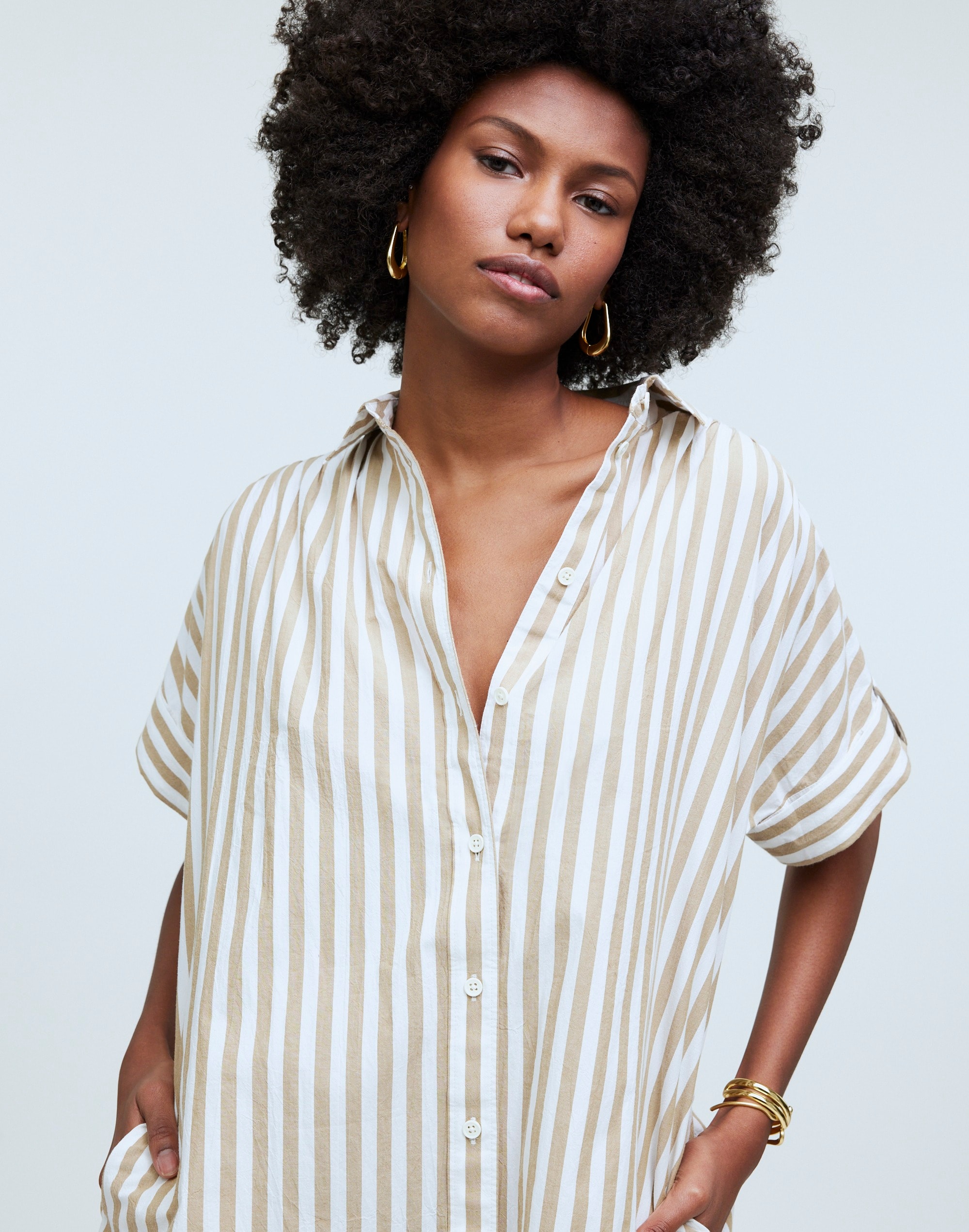 Collared Button-Front Mini Shirtdress Stripe