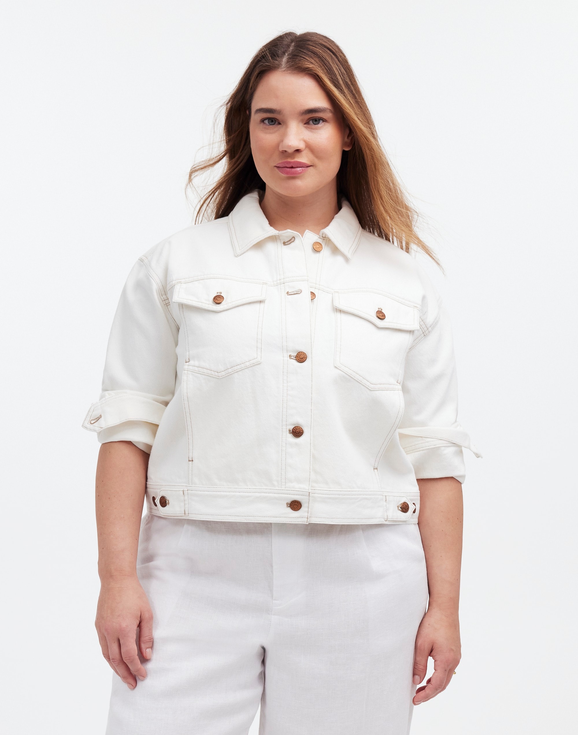 Plus Button-Front Denim Jacket Tile White
