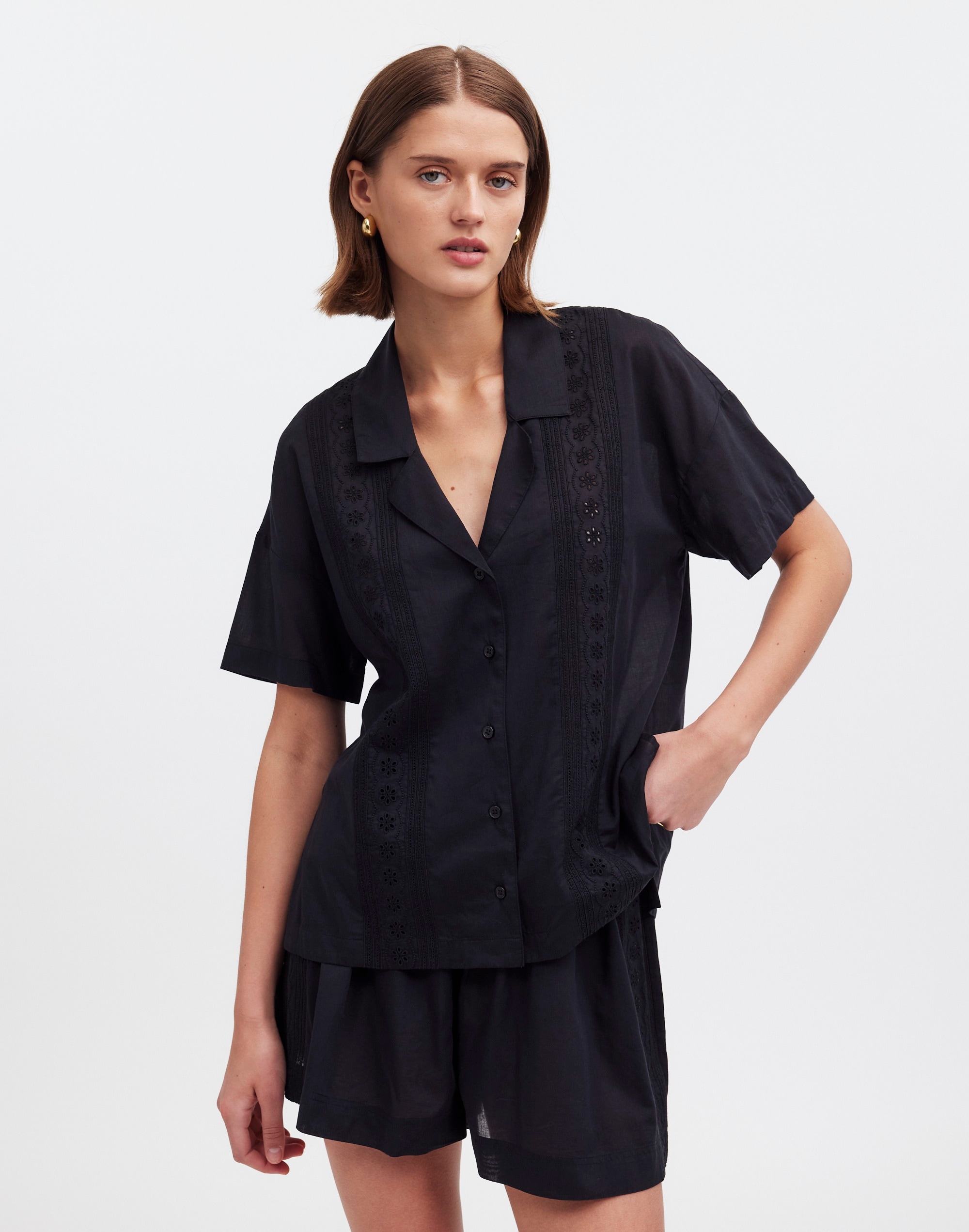 Embroidered Button-Front Cover-Up Shirt