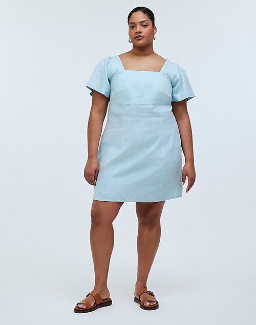 Linen Square Neck Bubble Hem Mini Dress