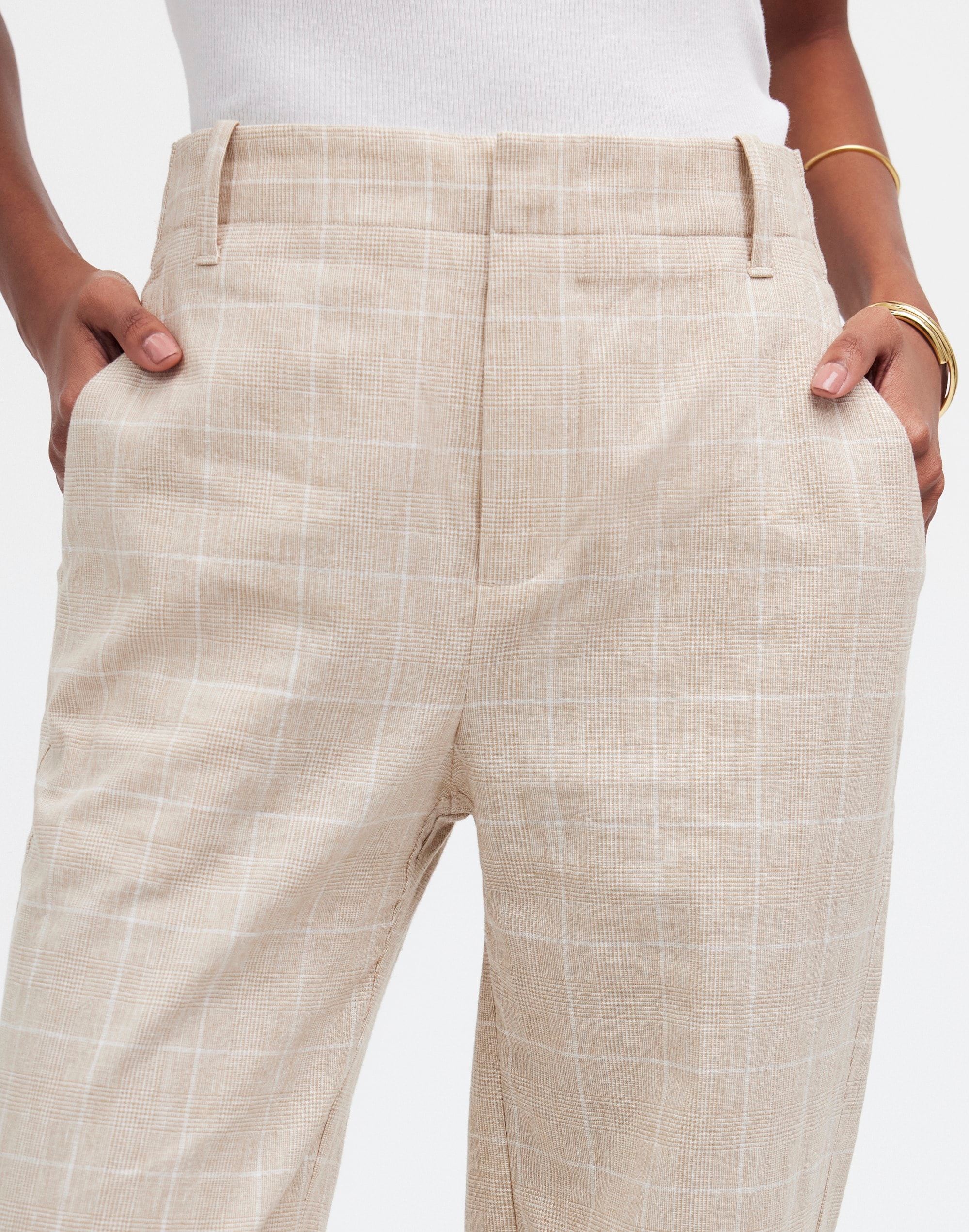 Mid-Rise Straight Pants Plaid Linen Blend