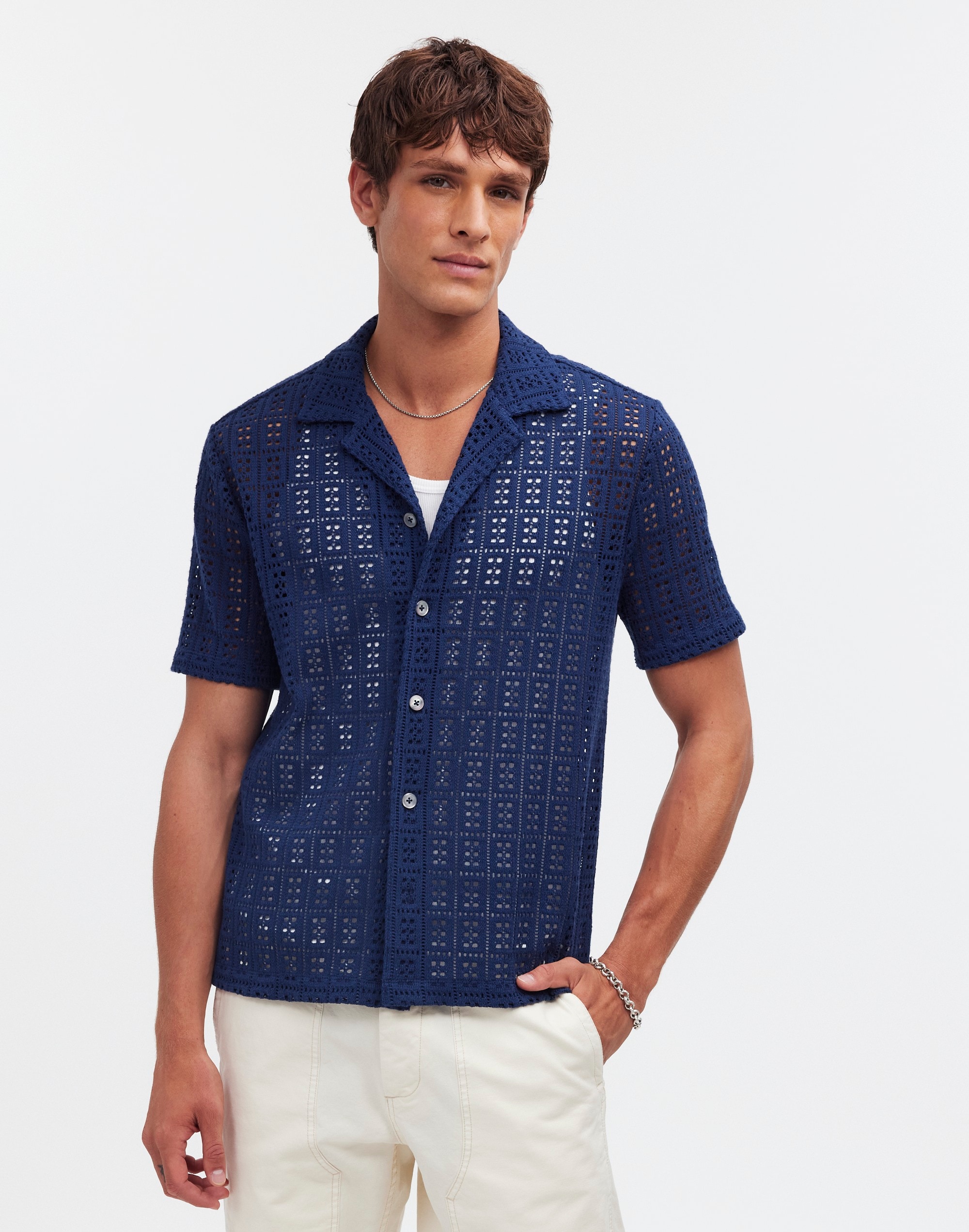 Crochet-Stitch Short-Sleeve Shirt