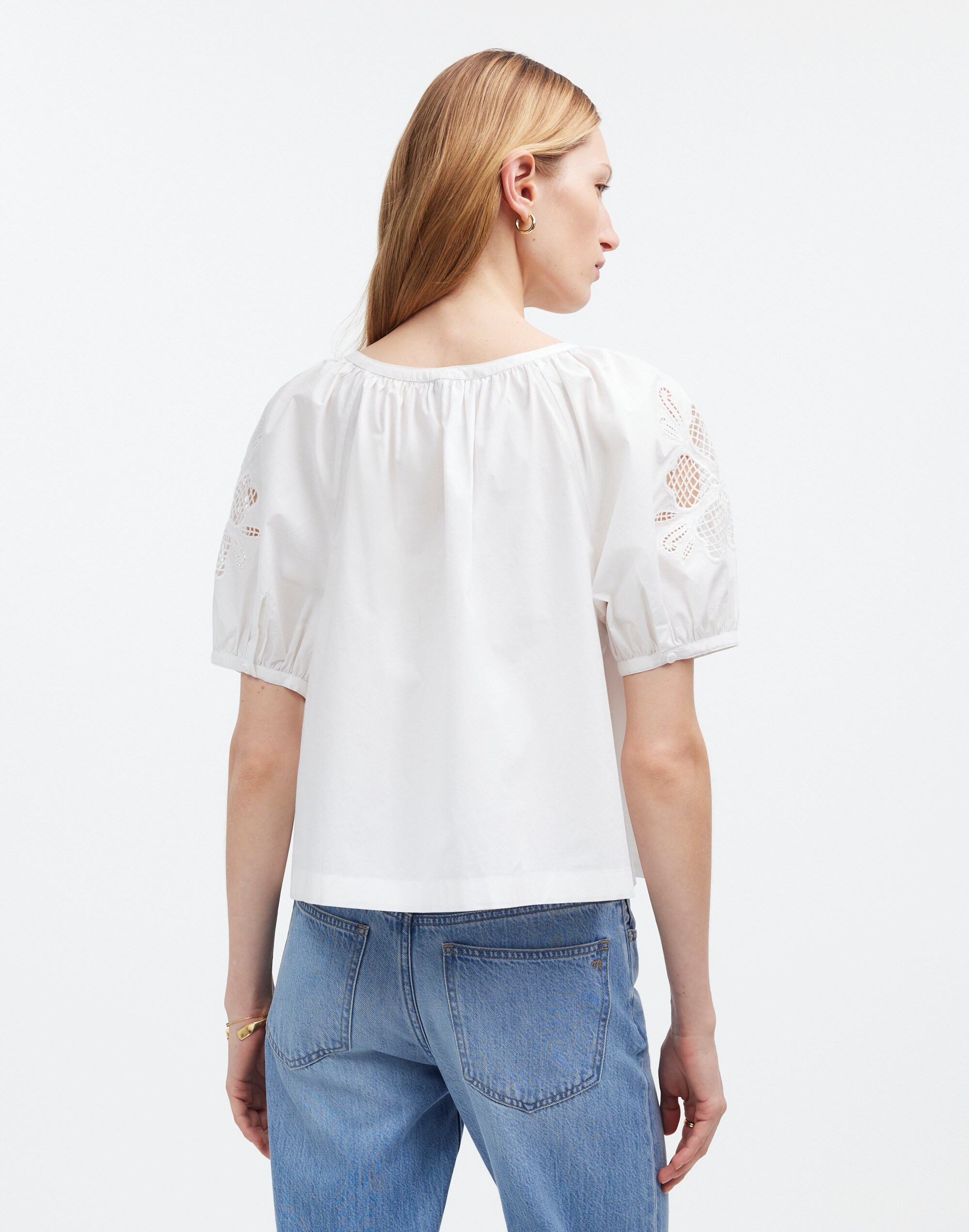 Embroidered Puff-Sleeve A-Line Top Poplin