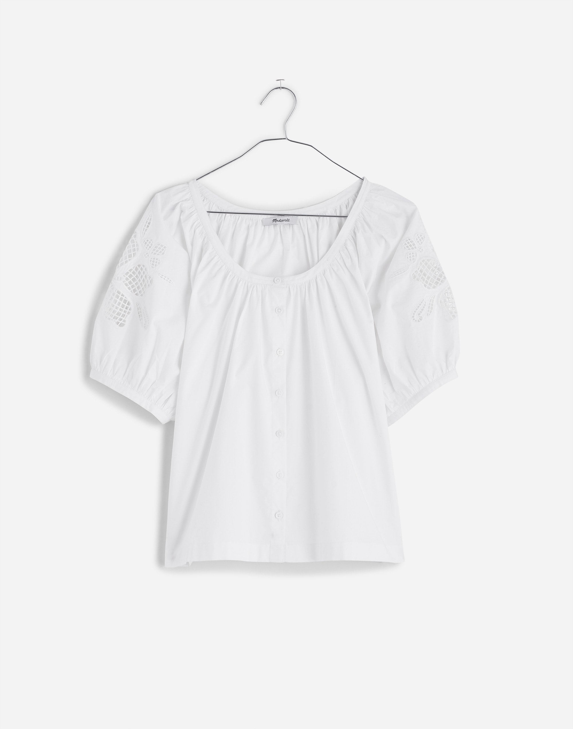 Embroidered Puff-Sleeve A-Line Top Poplin