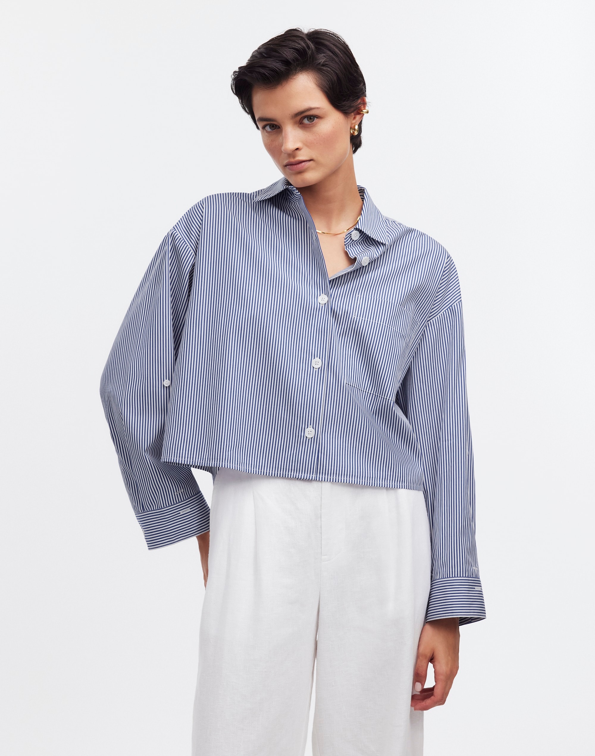 Mw Straight-hem Shirt In Blue And White Even Stripe