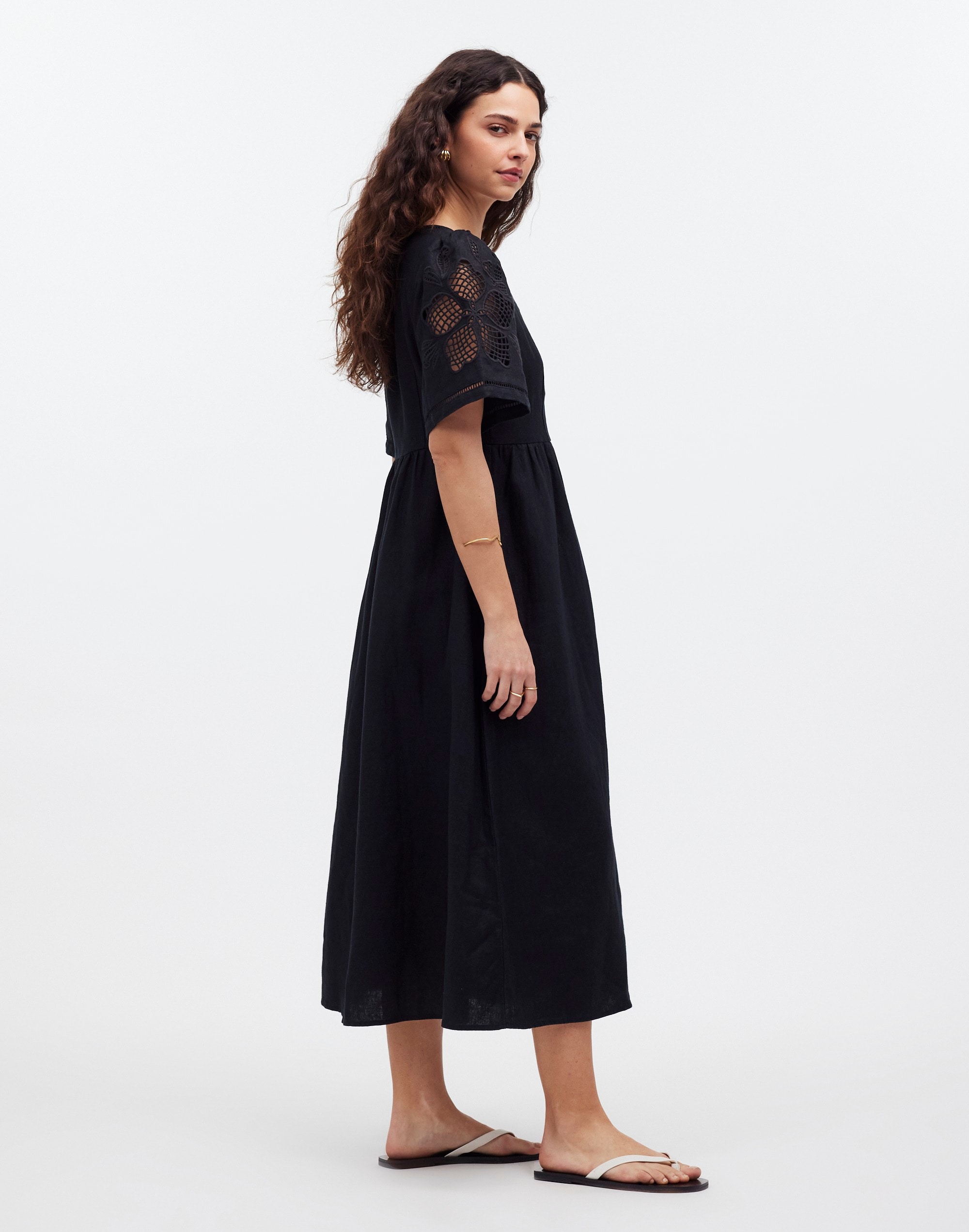 Cassie Button-Front Midi Dress Embroidered Linen