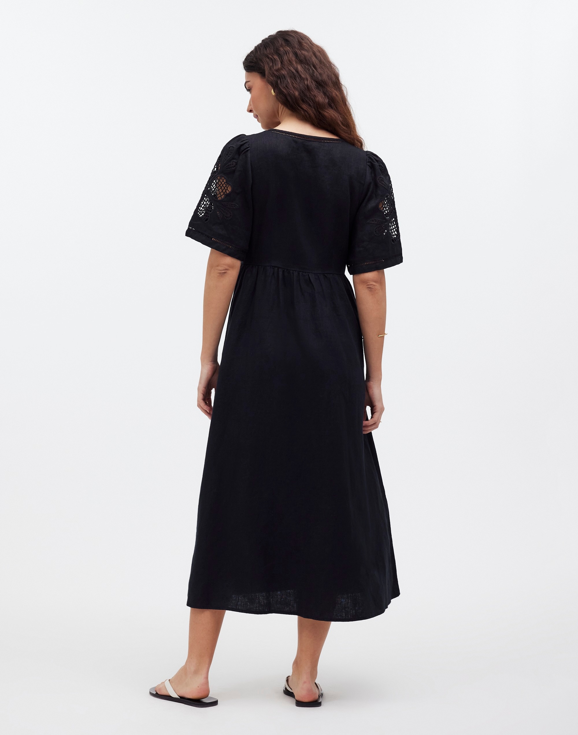 Cassie Button-Front Midi Dress Embroidered Linen