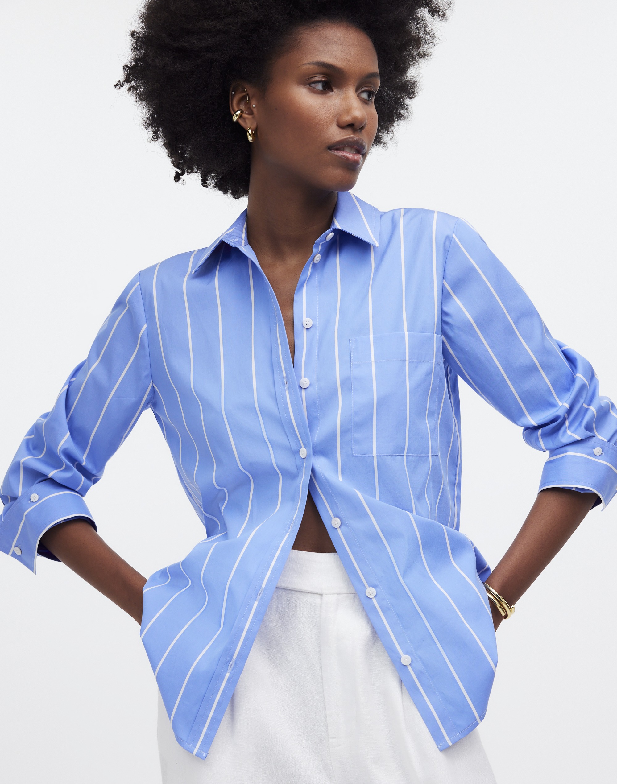 Mw Relaxed Button-front Shirt In Wide Celeste White Stripe