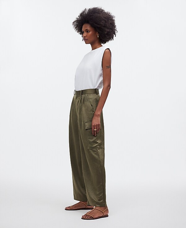 High-Rise Straight Cargo Trousers in Satin