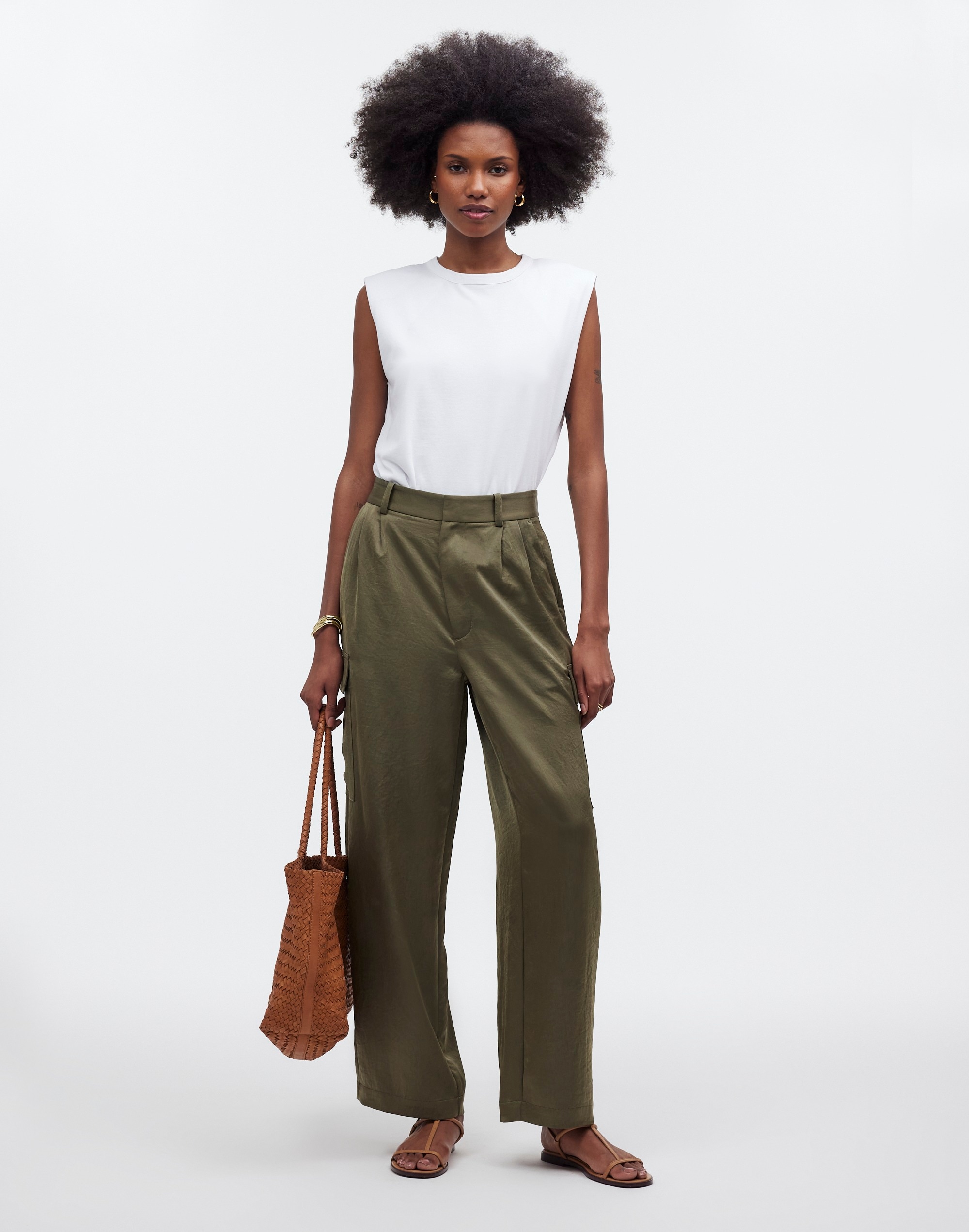 Mw High-rise Straight Cargo Trousers In Worn Olive