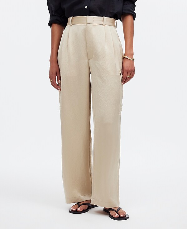 High-Rise Straight Cargo Trousers in Satin
