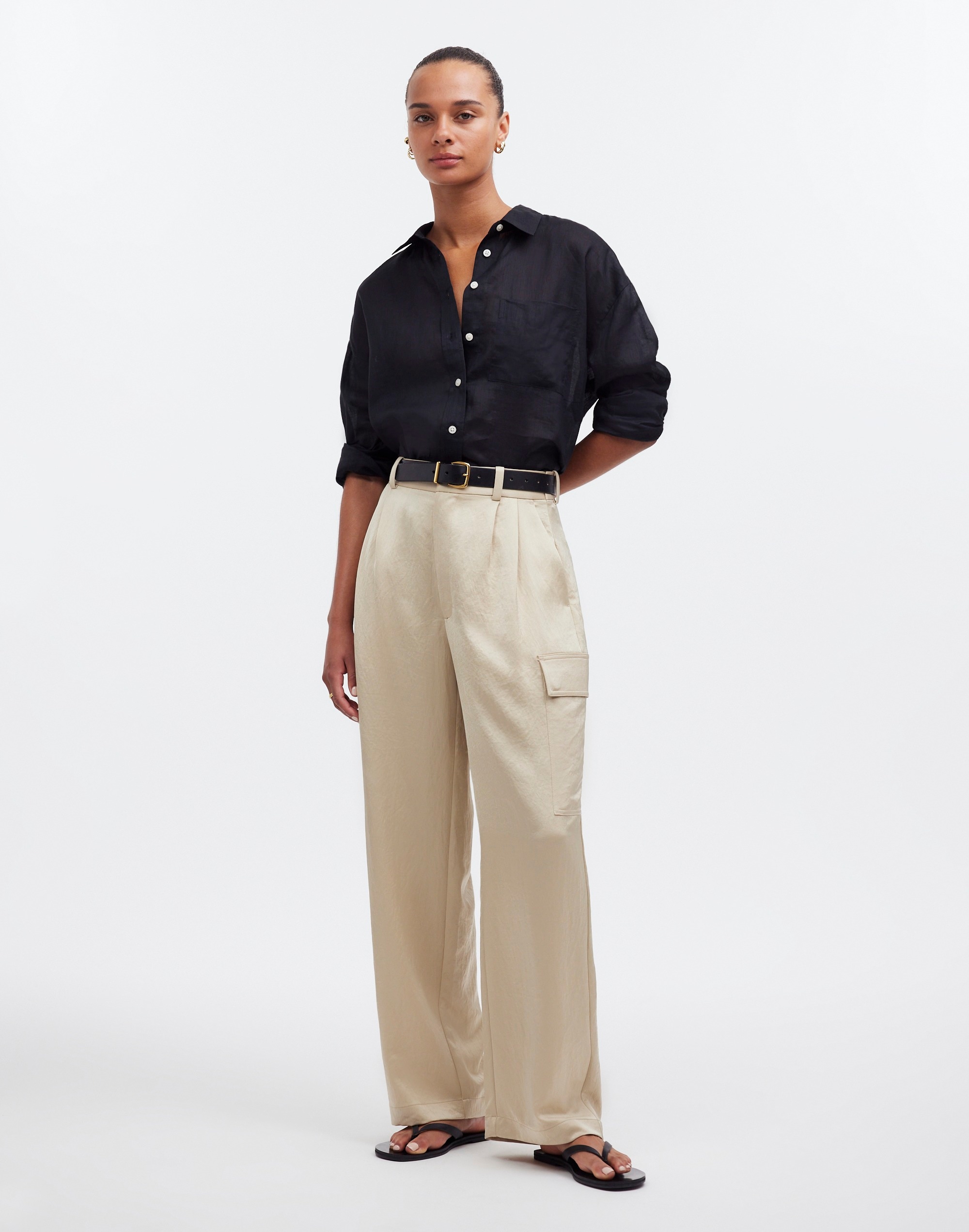 High-Rise Straight Cargo Trousers Satin