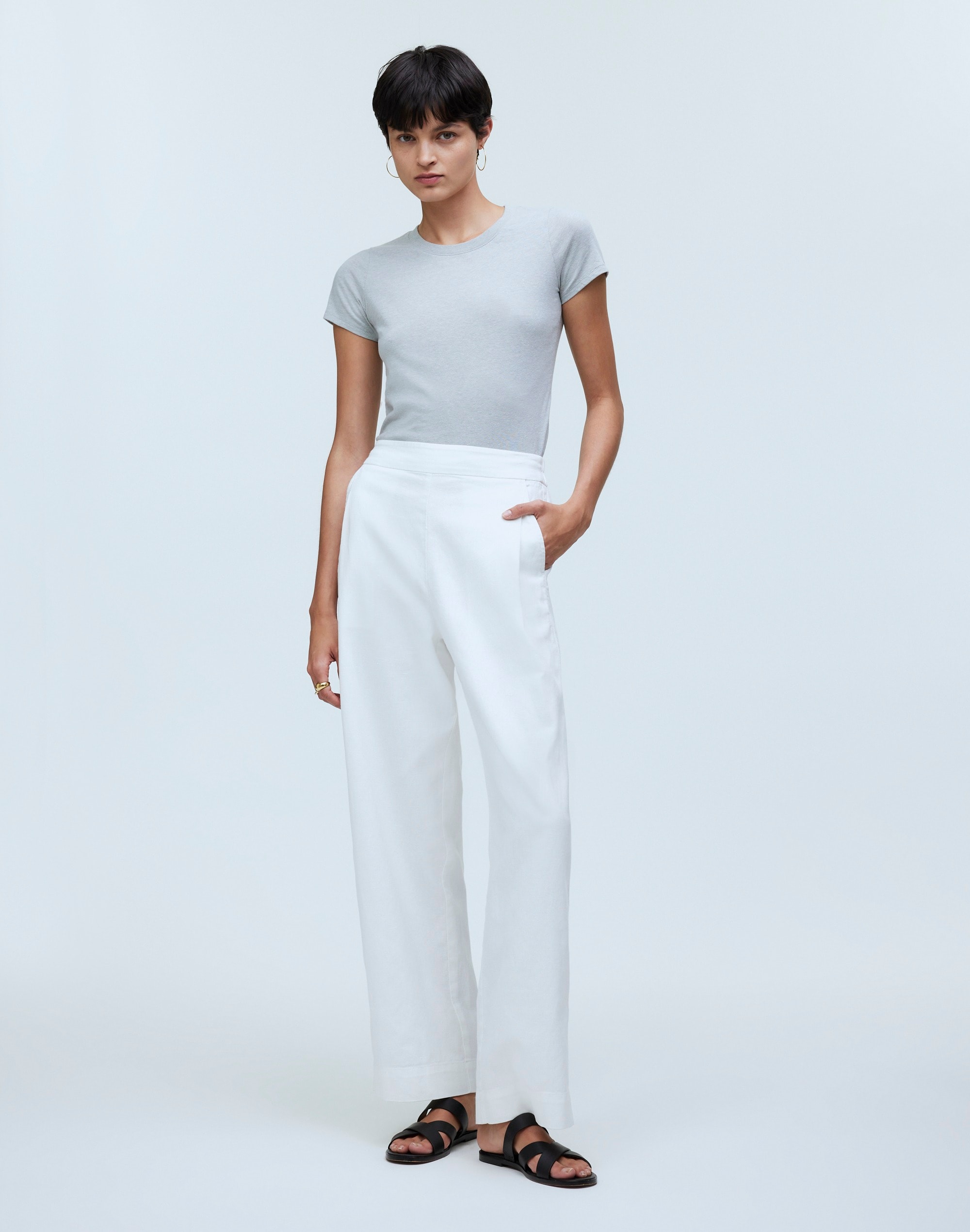 Pull-On Straight Crop Pants Cotton-Linen Blend