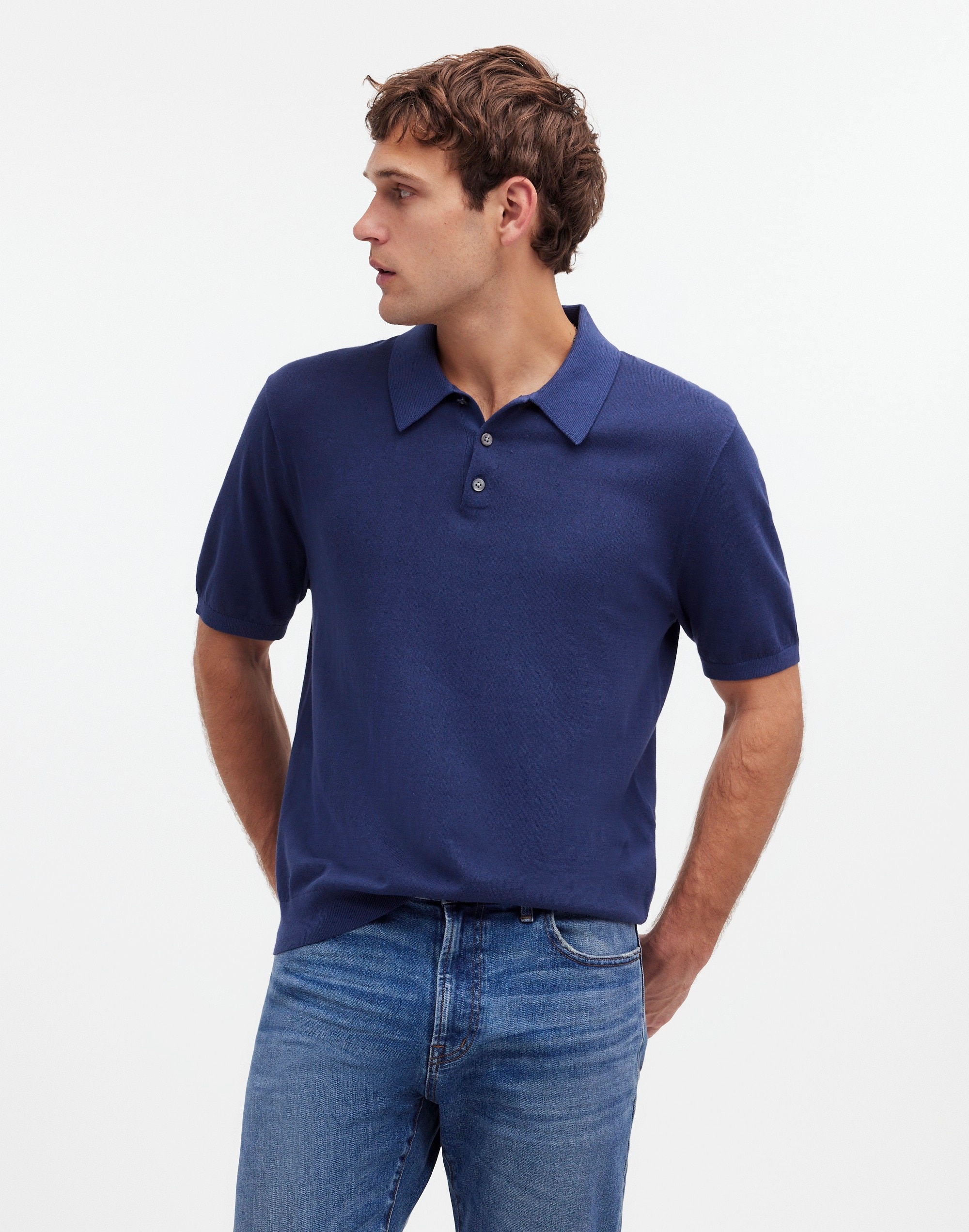 Three-Button Sweater Polo Shirt Garment Dye