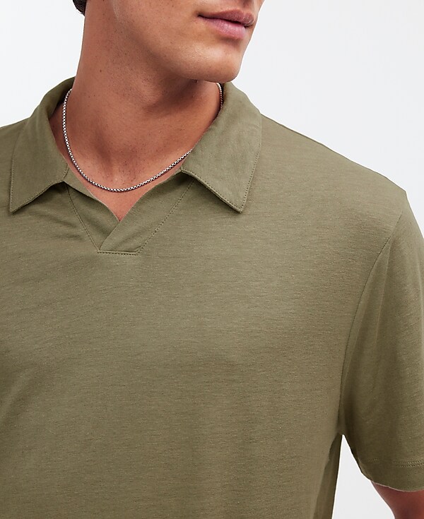 Linen-Blend Johnny-Collar Knit Polo Shirt