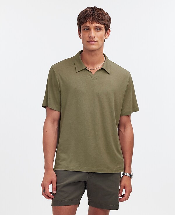 Linen-Blend Johnny-Collar Knit Polo Shirt